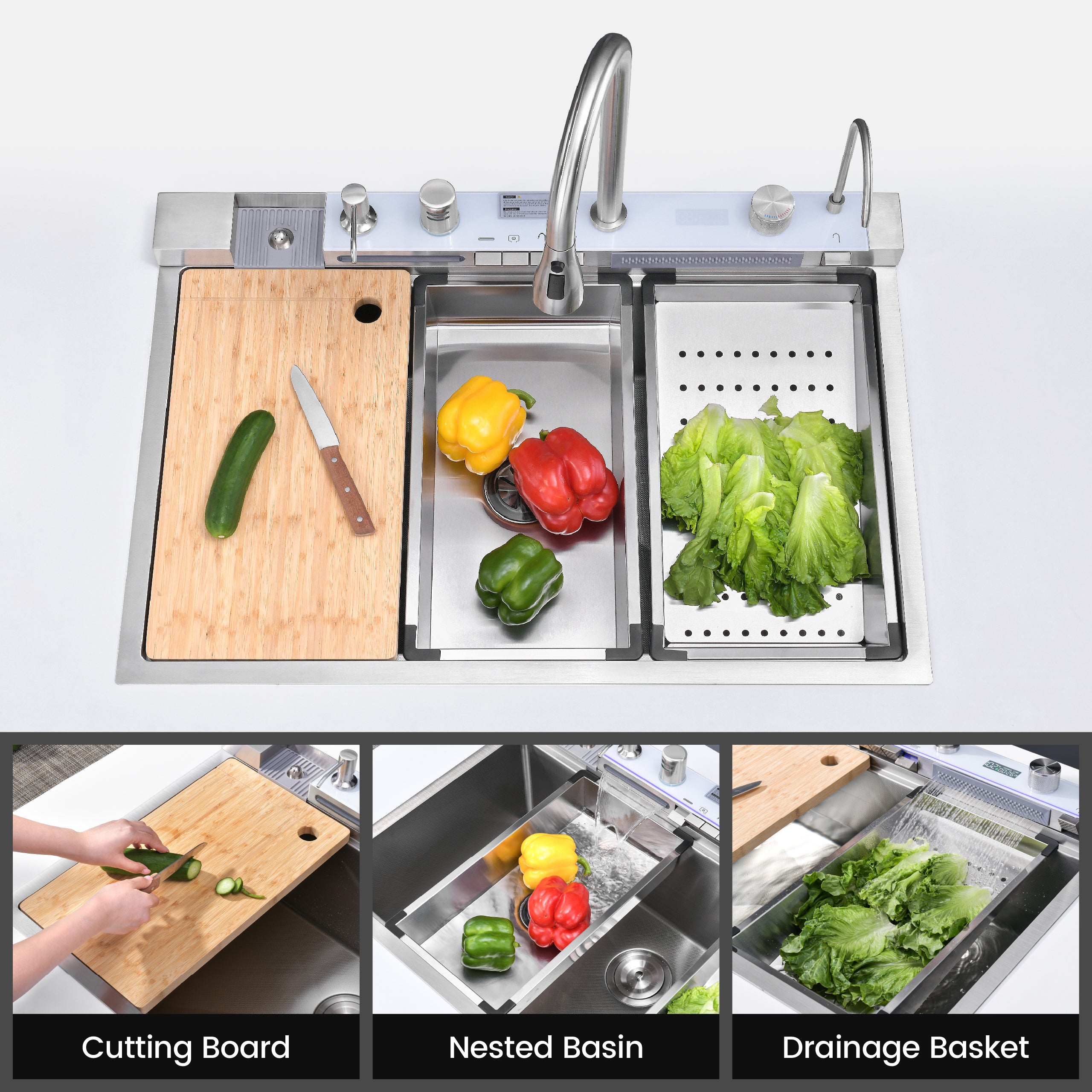33" x 22" Smart Waterfall Kitchen Sink with Digital Display and Cup Washer