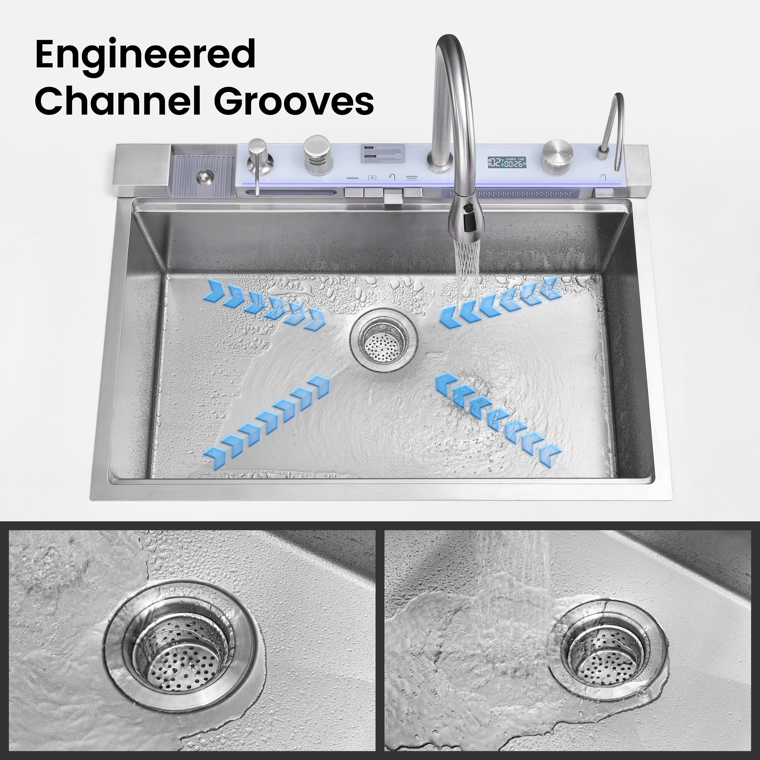 33" x 22" Smart Waterfall Kitchen Sink with Digital Display and Cup Washer