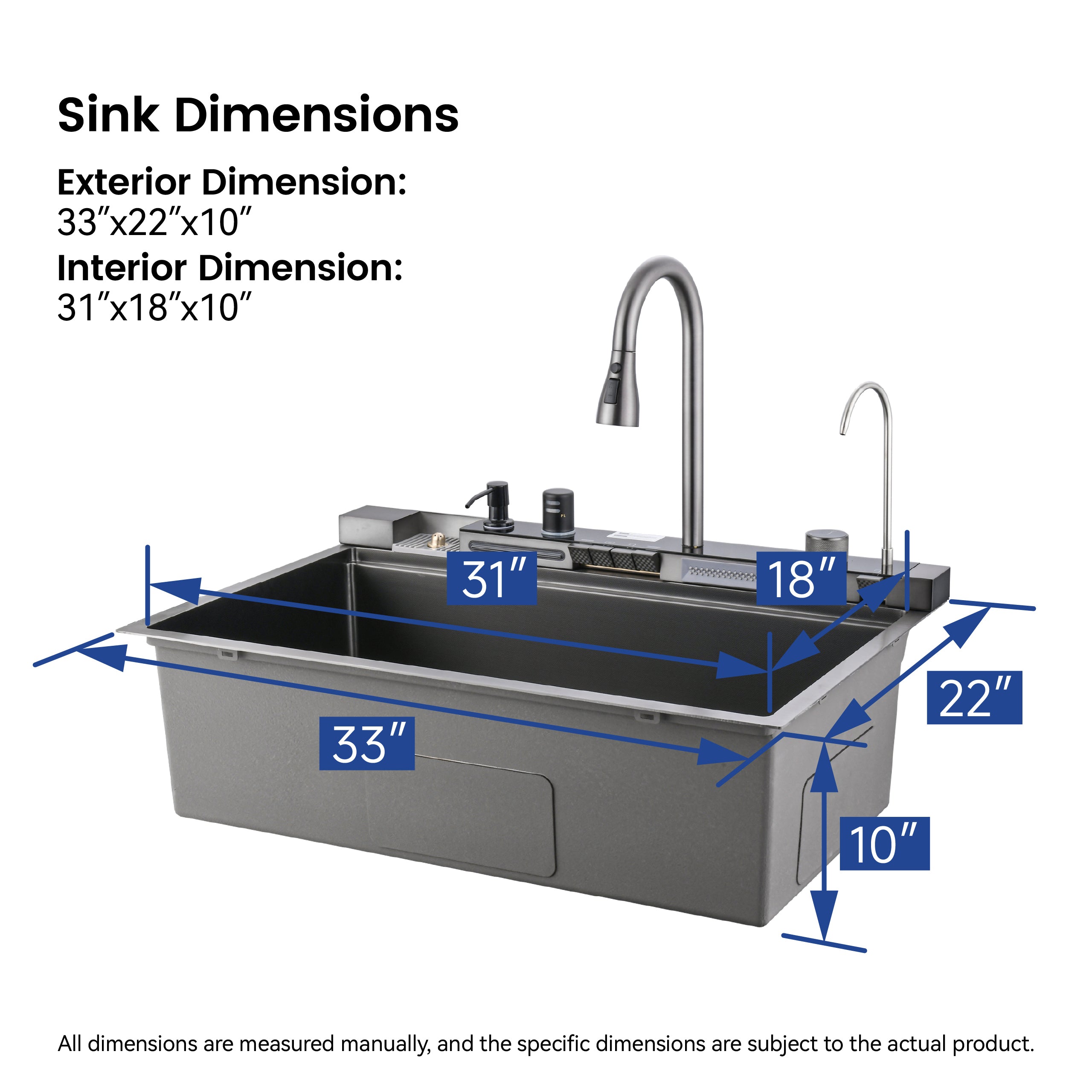 33" x 22" Smart Waterfall Kitchen Sink with Digital Display and Cup Washer