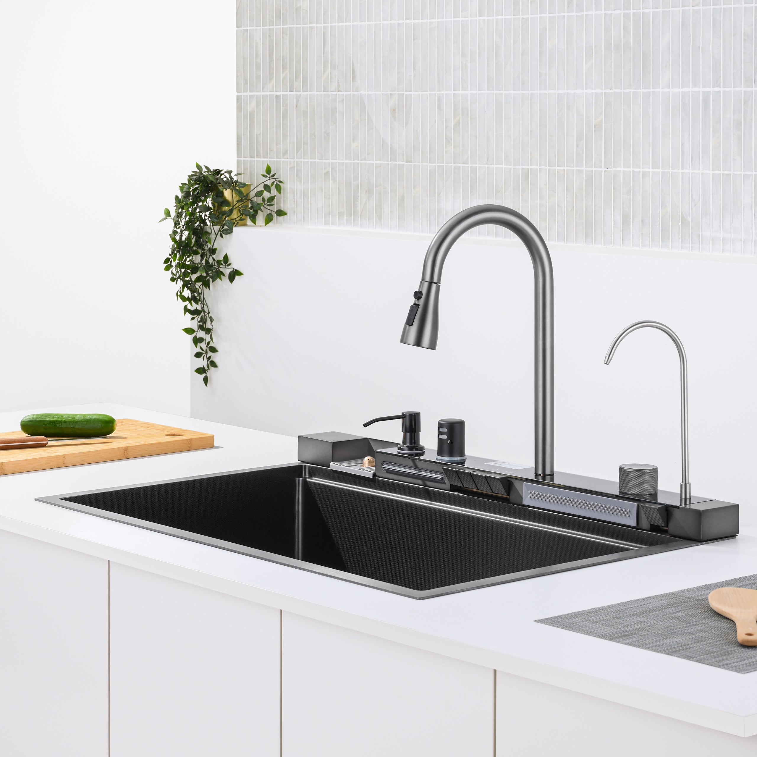 33" x 22" Smart Waterfall Kitchen Sink with Digital Display and Cup Washer