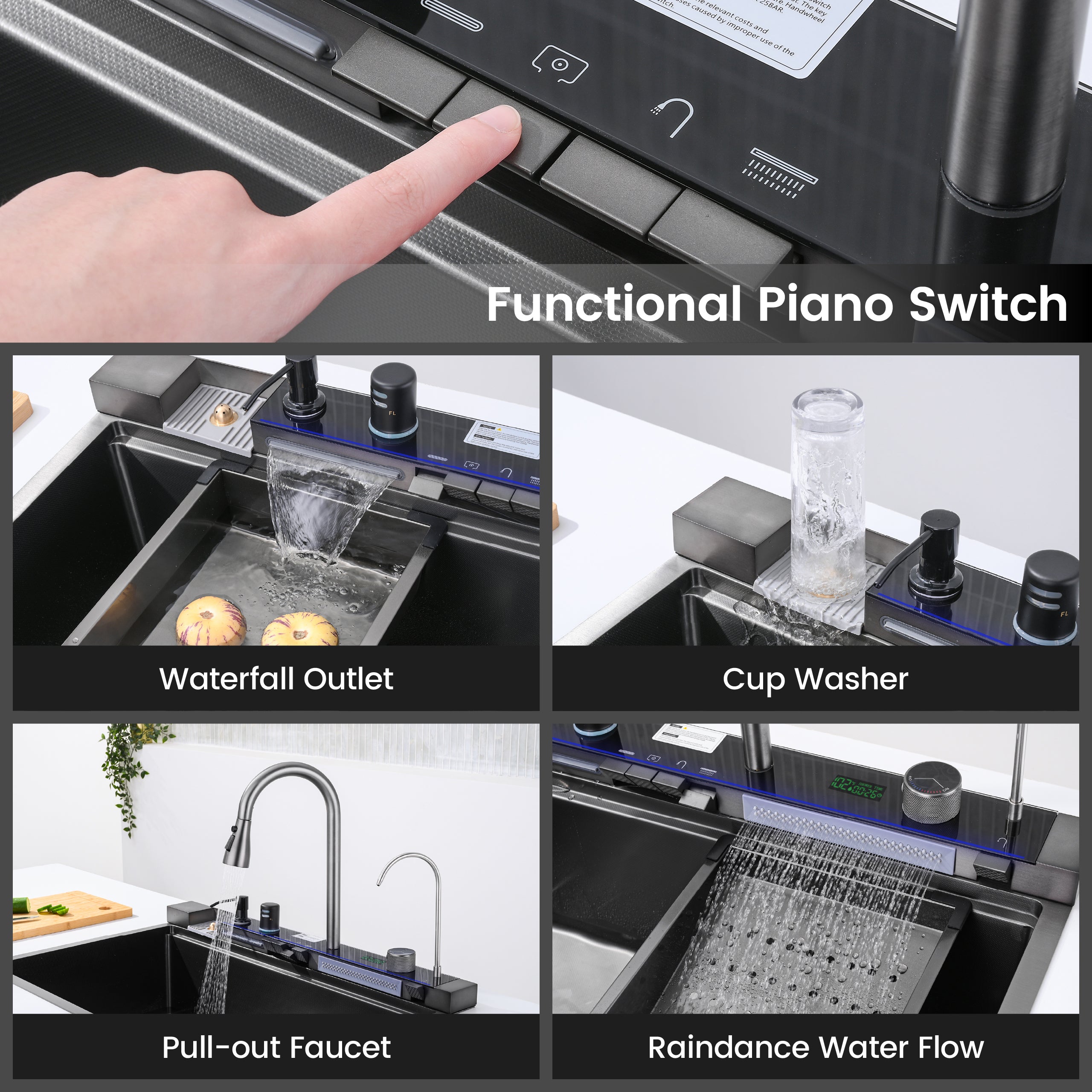 33" x 22" Smart Waterfall Kitchen Sink with Digital Display and Cup Washer