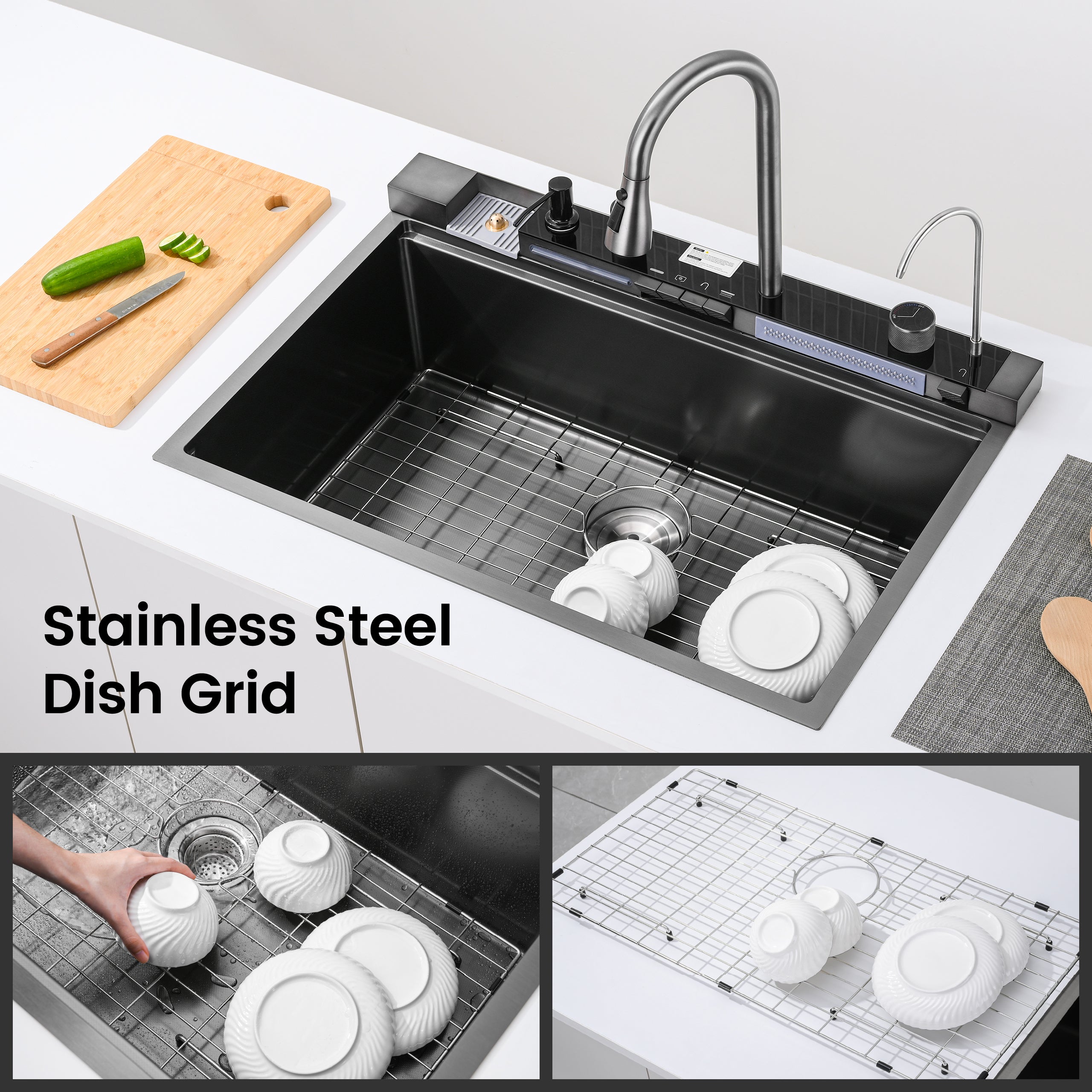 33" x 22" Smart Waterfall Kitchen Sink with Digital Display and Cup Washer