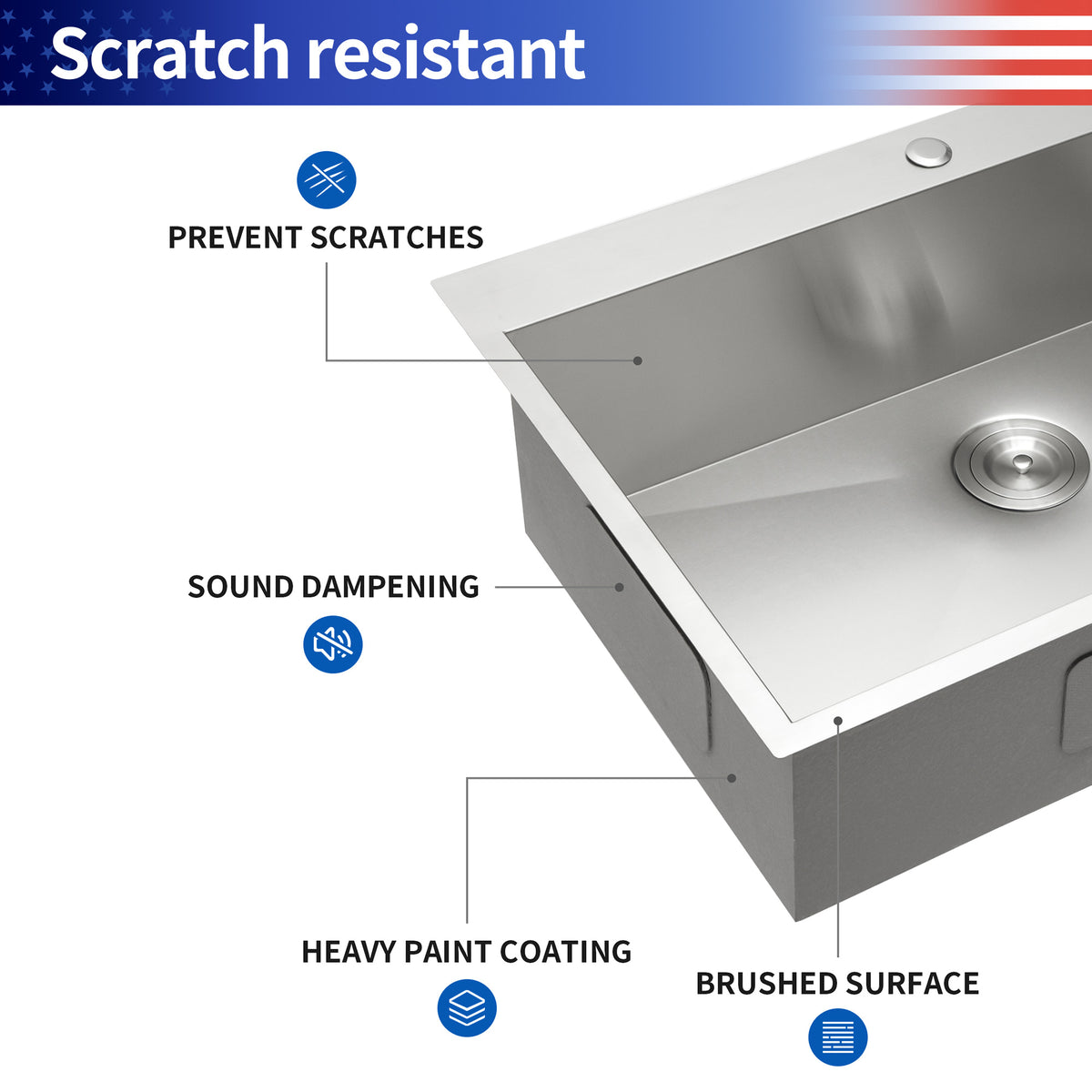 33" Drop-In Single Bowl Kitchen Sink, 16 Gauge Stainless Steel
