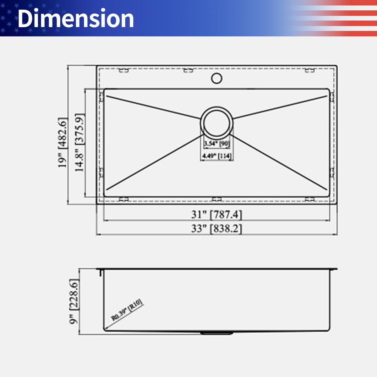 33" Drop-In Single Bowl Kitchen Sink, 16 Gauge Stainless Steel