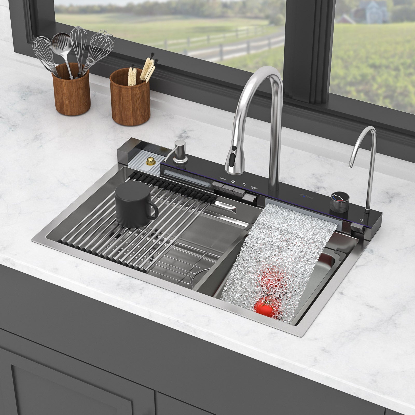 30" Waterfall Kitchen Sink with Smart LED Faucet, 16 Gauge Stainless Steel Top Mount Workstation Sink with Pull-Down Faucet & Cup Rinser