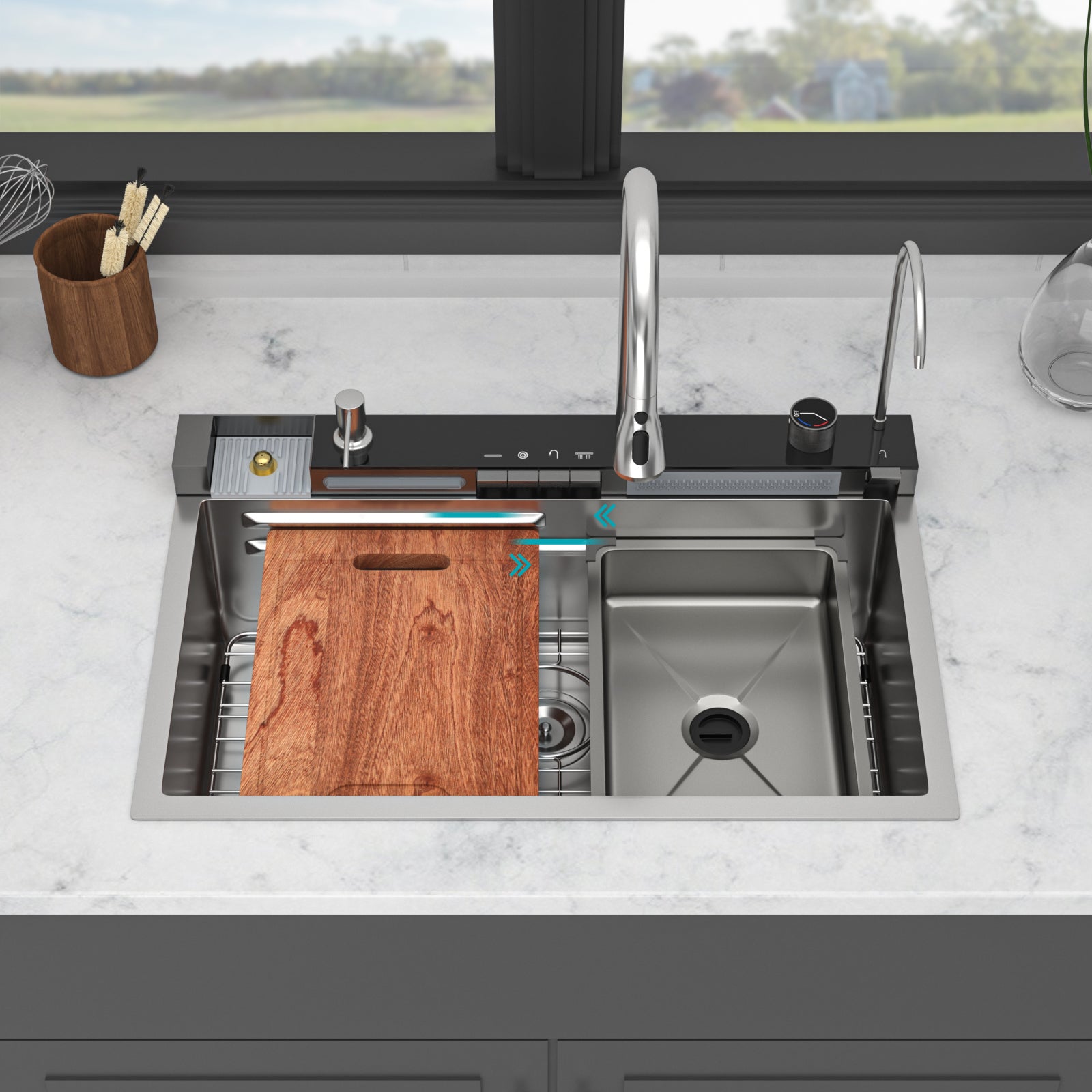 30" Waterfall Kitchen Sink with Smart LED Faucet, 16 Gauge Stainless Steel Top Mount Workstation Sink with Pull-Down Faucet & Cup Rinser