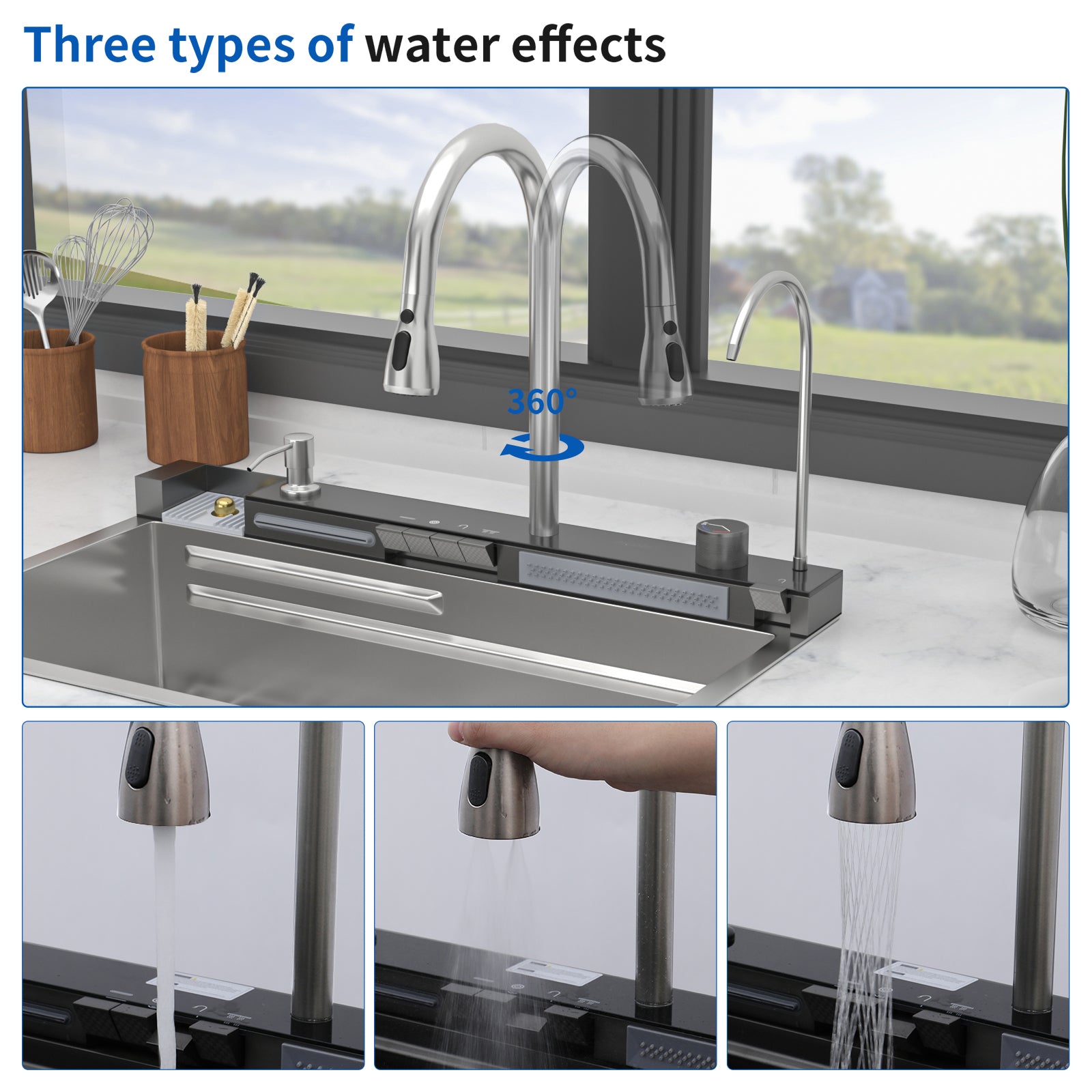 30" Waterfall Kitchen Sink with Smart LED Faucet, 16 Gauge Stainless Steel Top Mount Workstation Sink with Pull-Down Faucet & Cup Rinser