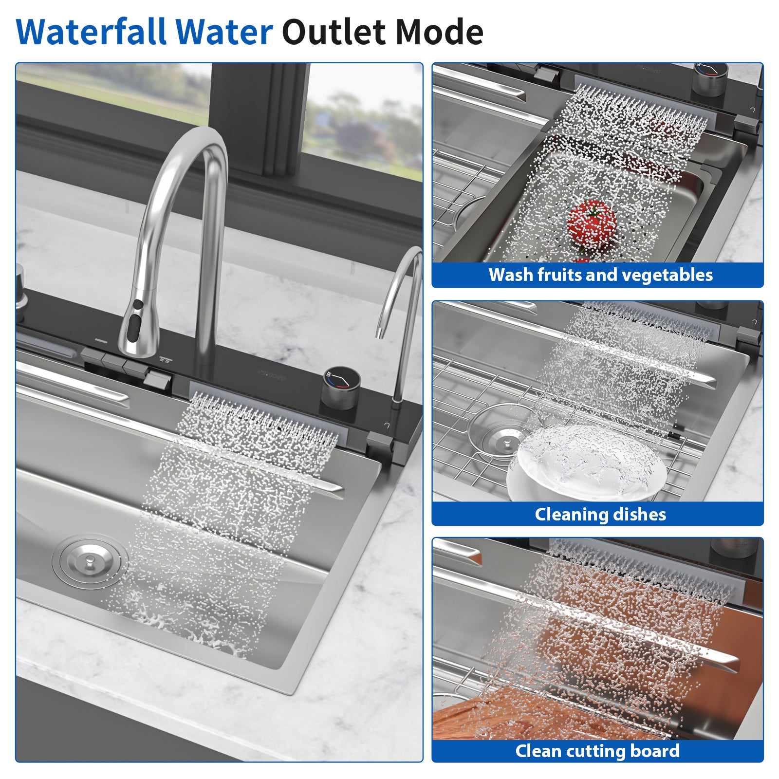 30" Waterfall Kitchen Sink with Smart LED Faucet, 16 Gauge Stainless Steel Top Mount Workstation Sink with Pull-Down Faucet & Cup Rinser