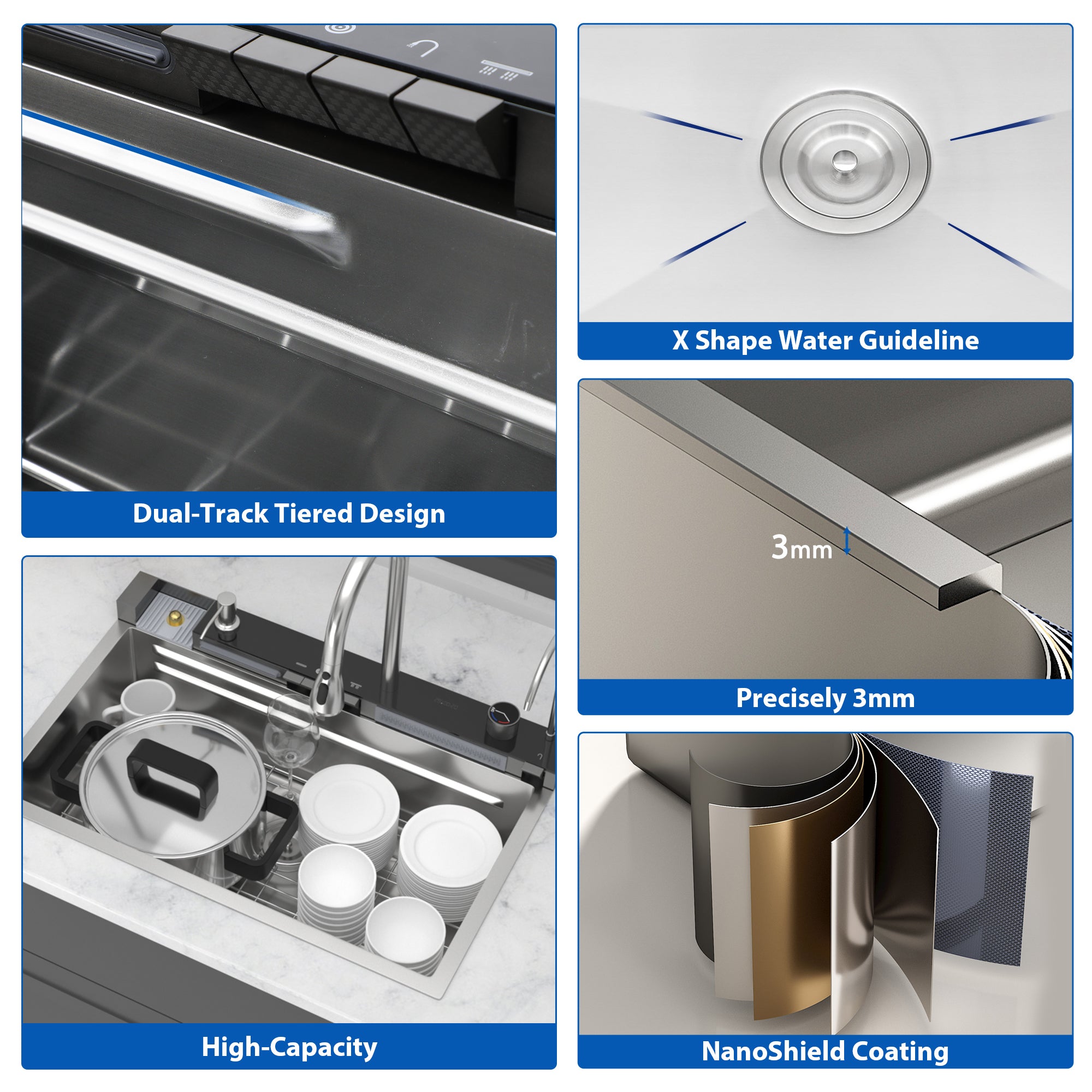 30" Waterfall Kitchen Sink with Smart LED Faucet, 16 Gauge Stainless Steel Top Mount Workstation Sink with Pull-Down Faucet & Cup Rinser