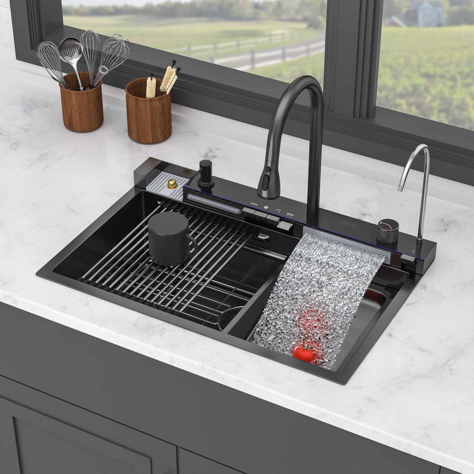 30" Waterfall Kitchen Sink with Smart LED Faucet, 16 Gauge Stainless Steel Top Mount Workstation Sink with Pull-Down Faucet & Cup Rinser
