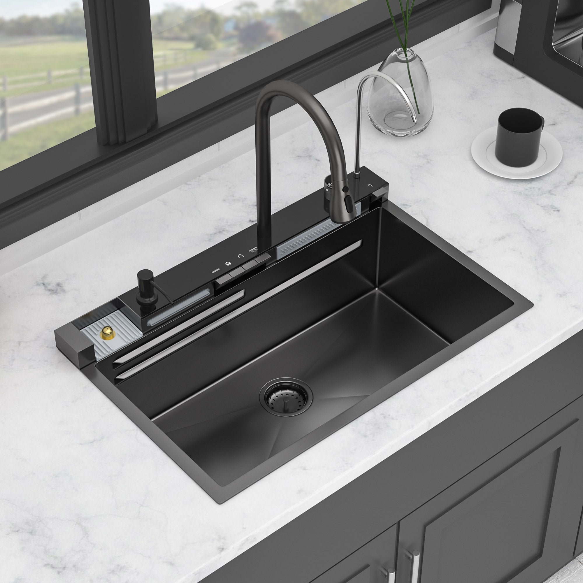 30" Waterfall Kitchen Sink with Smart LED Faucet, 16 Gauge Stainless Steel Top Mount Workstation Sink with Pull-Down Faucet & Cup Rinser