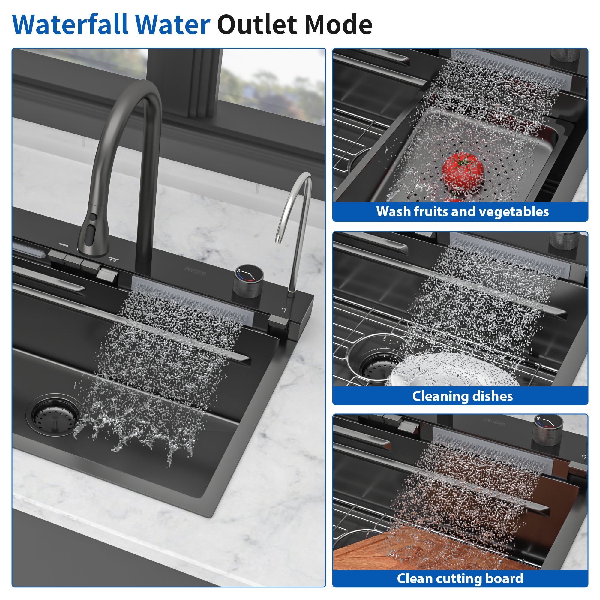30" Waterfall Kitchen Sink with Smart LED Faucet, 16 Gauge Stainless Steel Top Mount Workstation Sink with Pull-Down Faucet & Cup Rinser
