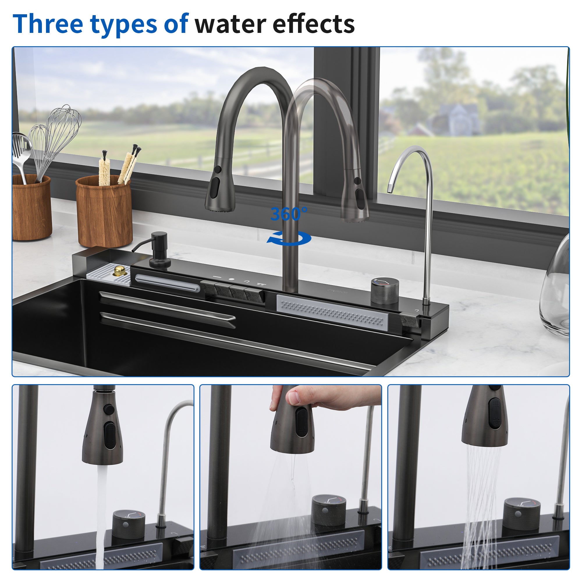 30" Waterfall Kitchen Sink with Smart LED Faucet, 16 Gauge Stainless Steel Top Mount Workstation Sink with Pull-Down Faucet & Cup Rinser