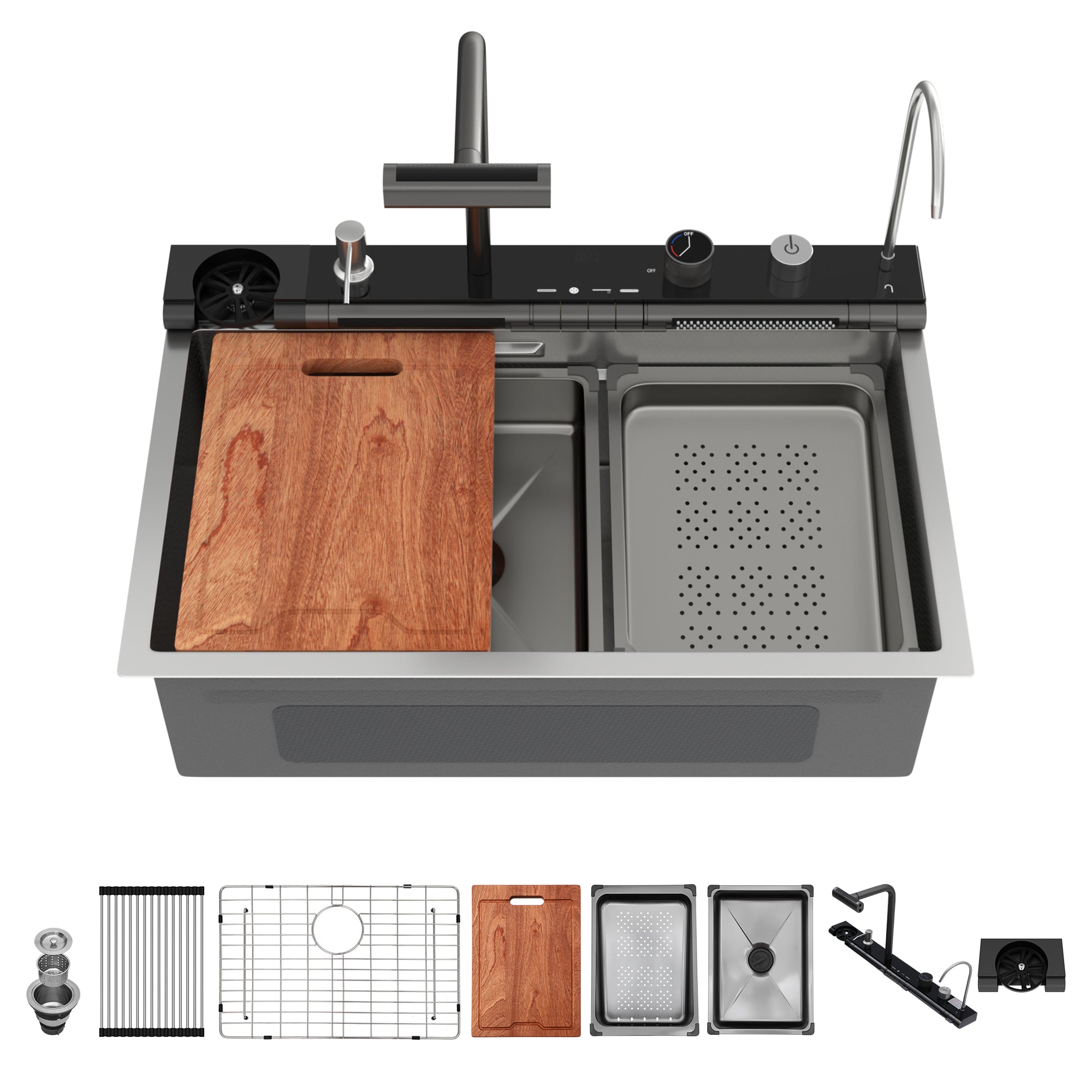 30" Waterfall Kitchen Sink - 30 x 19 x 9" Single Bowl 16G Stainless Steel Ledge Workstation with Smart Pull-Out Faucet