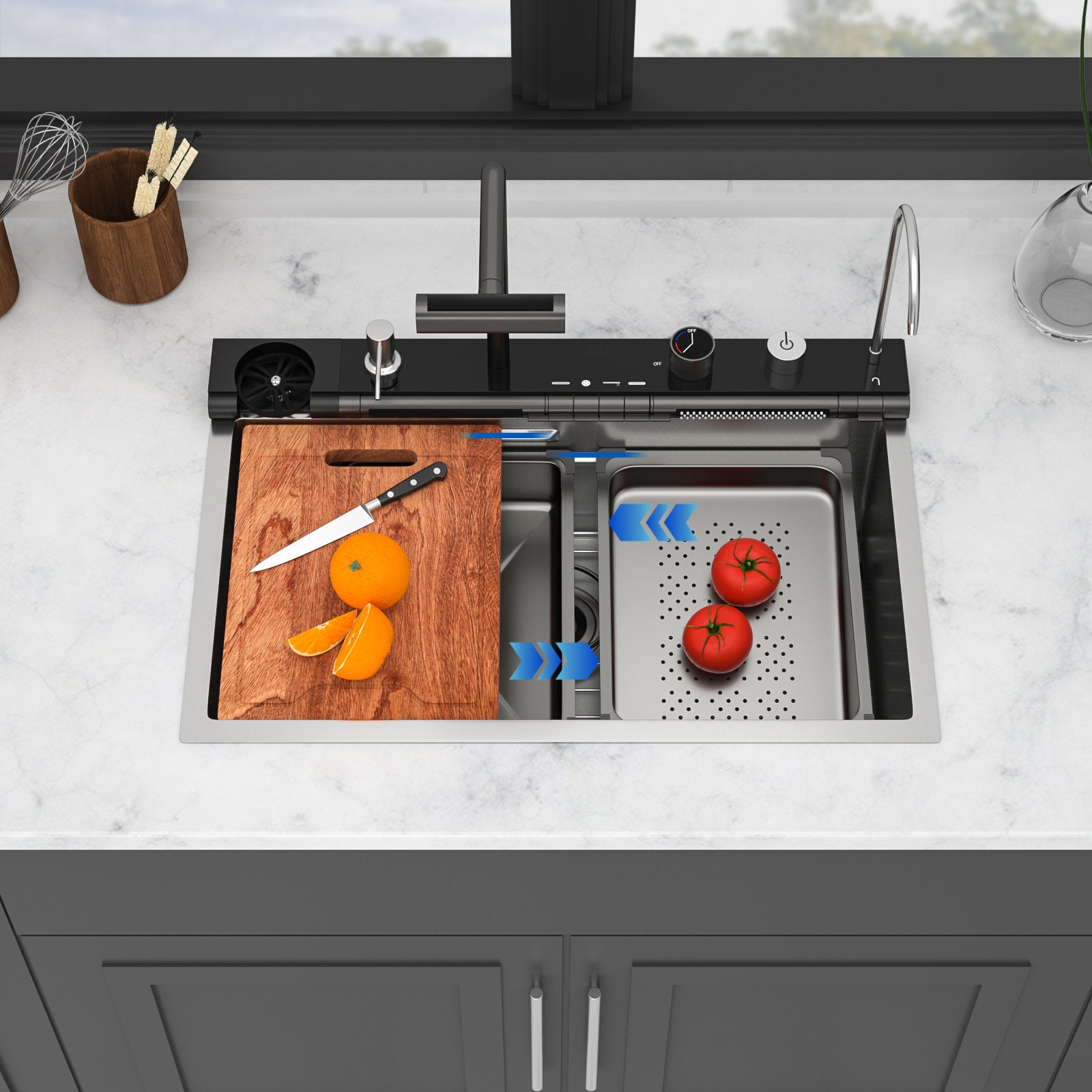 30" Waterfall Kitchen Sink - 30 x 19 x 9" Single Bowl 16G Stainless Steel Ledge Workstation with Smart Pull-Out Faucet
