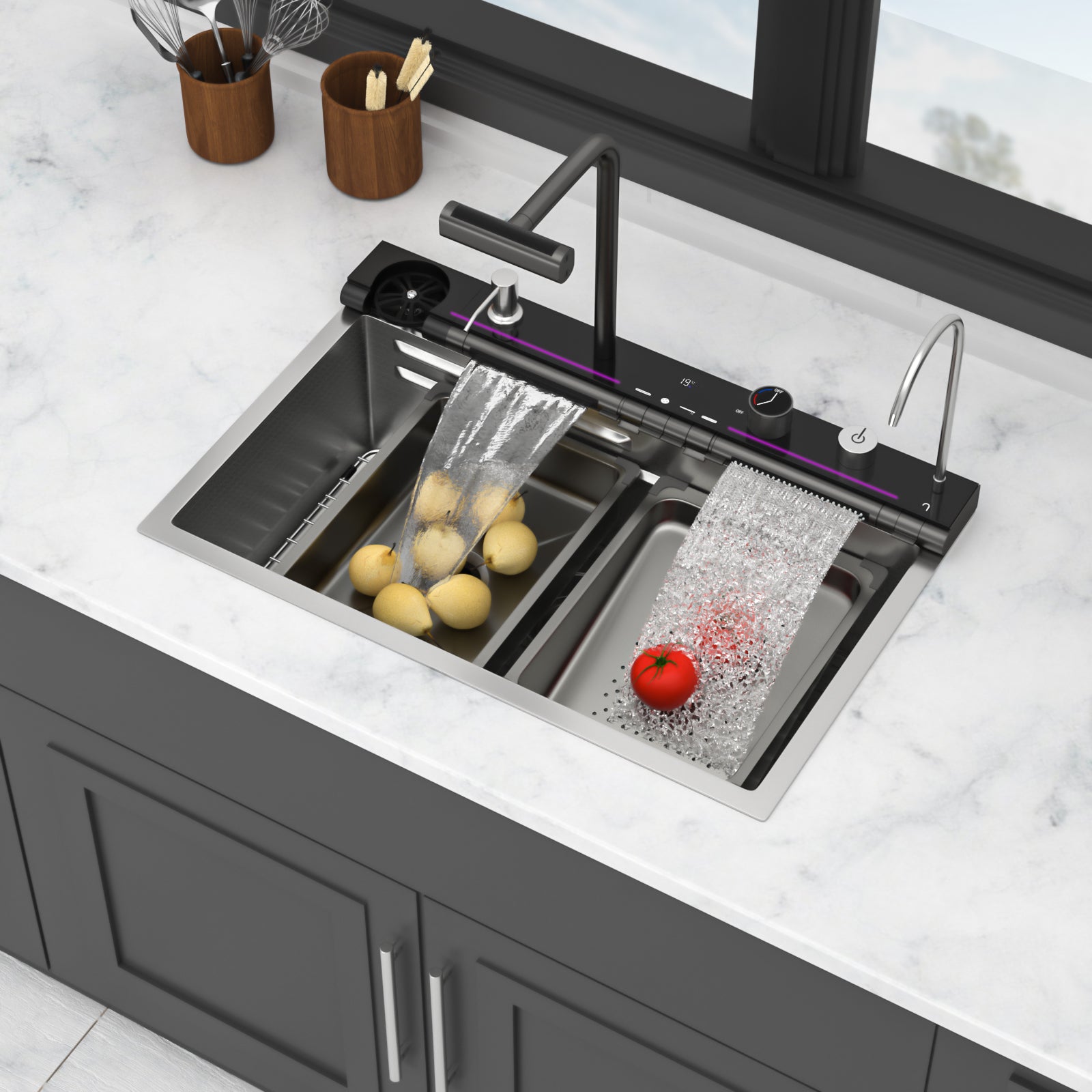 30" Waterfall Kitchen Sink - 30 x 19 x 9" Single Bowl 16G Stainless Steel Ledge Workstation with Smart Pull-Out Faucet