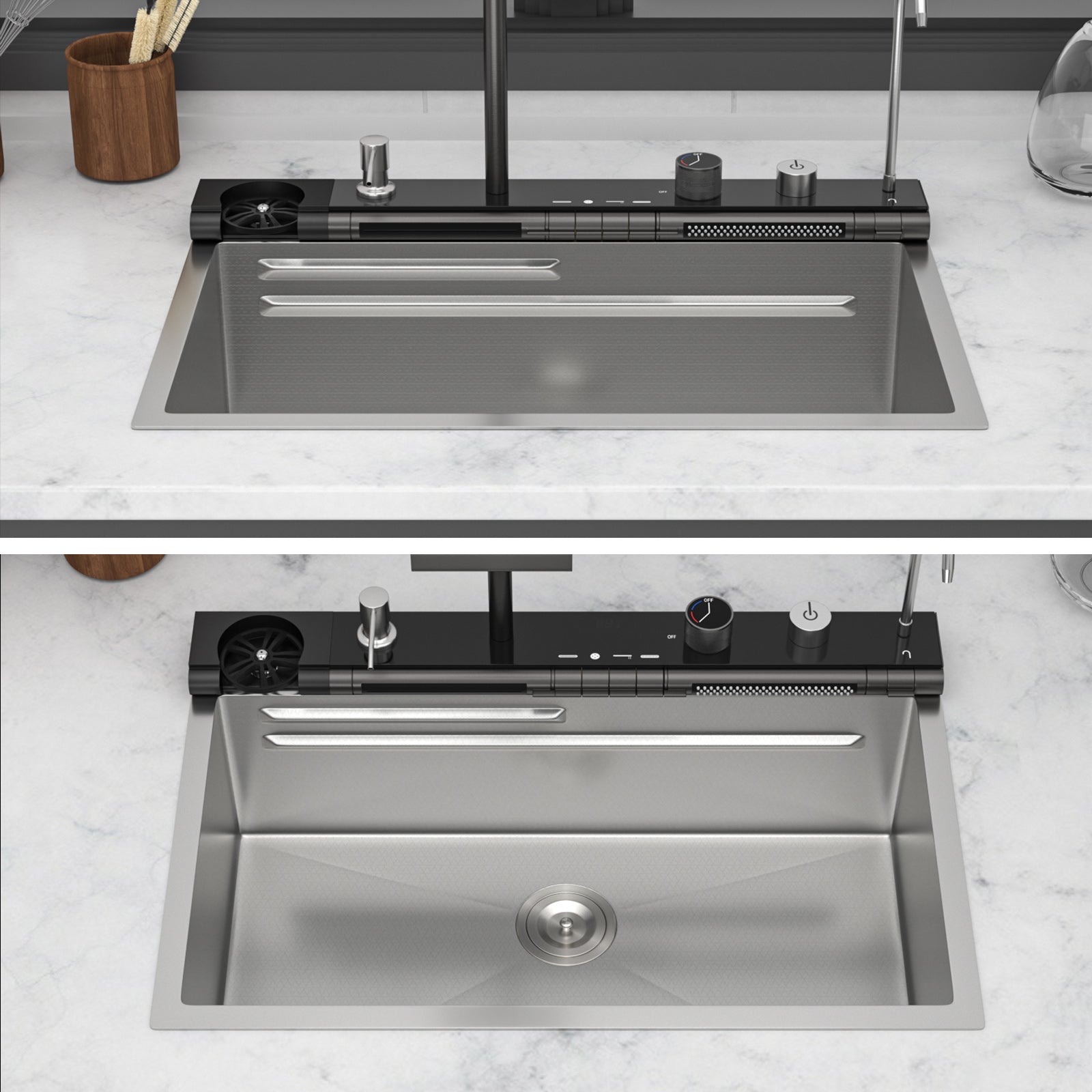 30" Waterfall Kitchen Sink - 30 x 19 x 9" Single Bowl 16G Stainless Steel Ledge Workstation with Smart Pull-Out Faucet