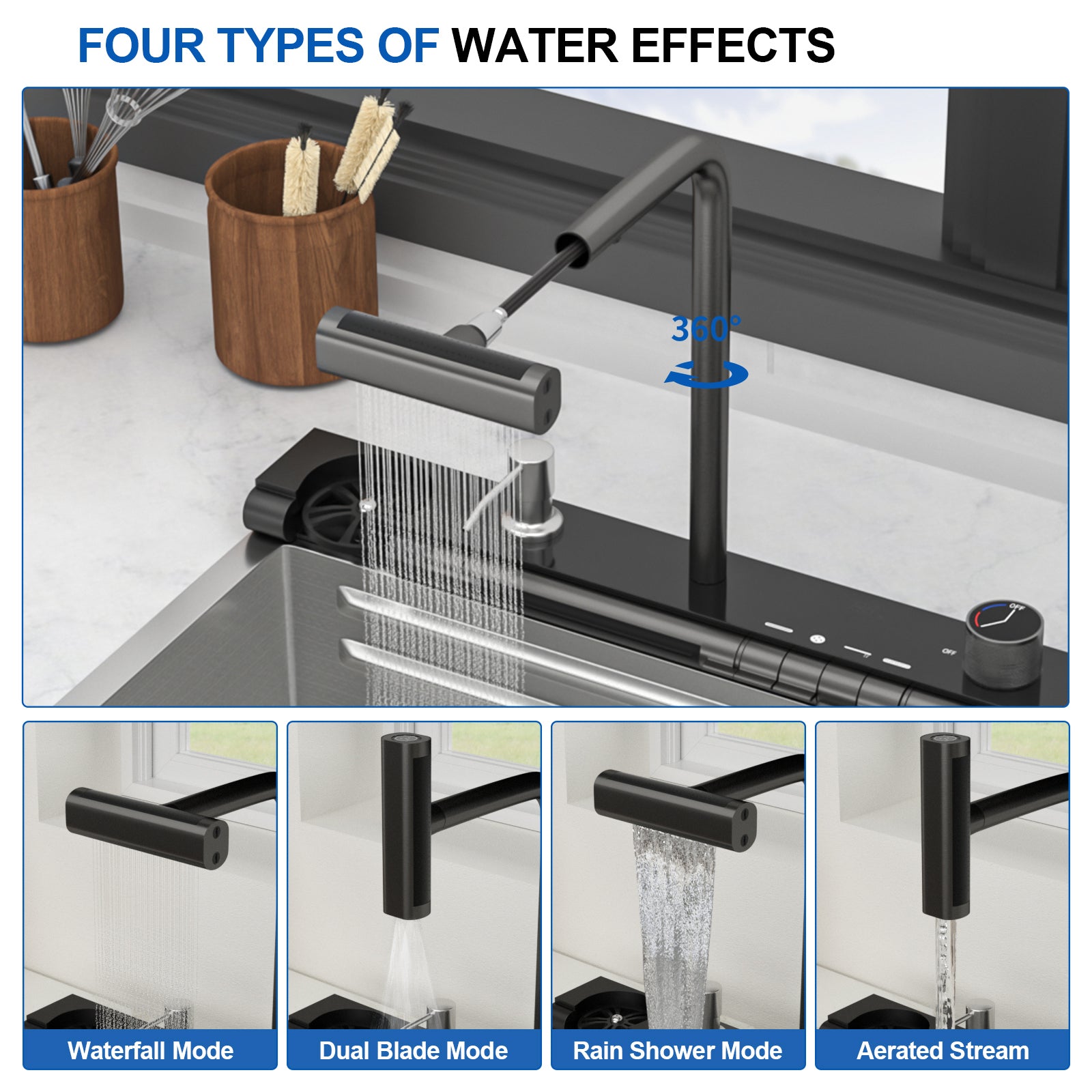 30" Waterfall Kitchen Sink - 30 x 19 x 9" Single Bowl 16G Stainless Steel Ledge Workstation with Smart Pull-Out Faucet