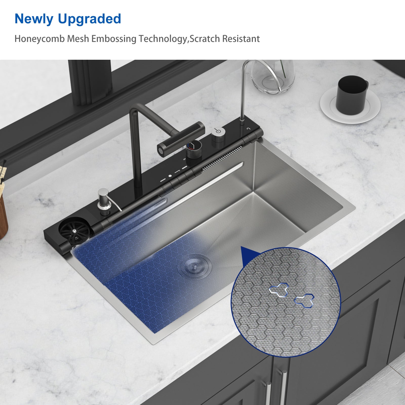 30" Waterfall Kitchen Sink - 30 x 19 x 9" Single Bowl 16G Stainless Steel Ledge Workstation with Smart Pull-Out Faucet