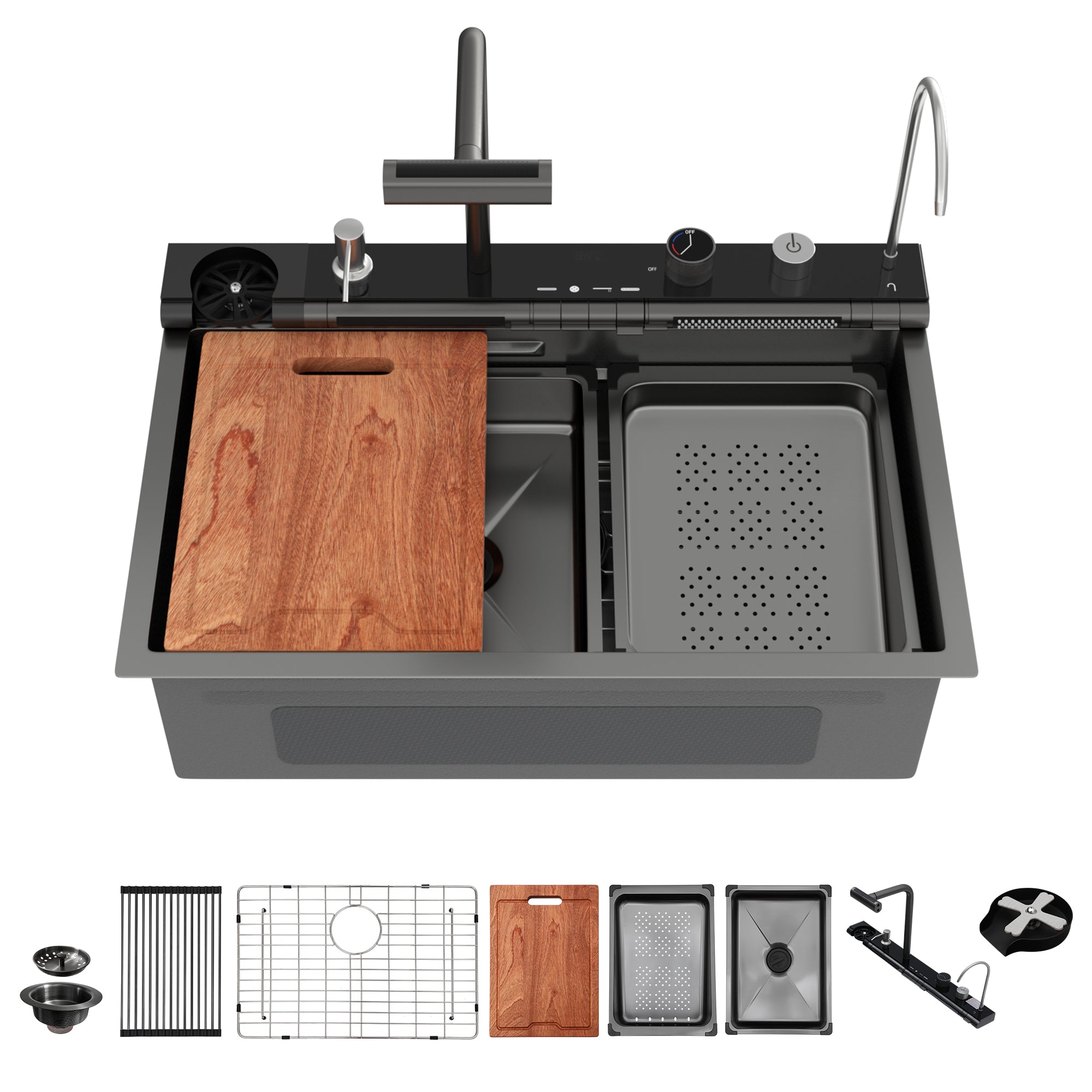 30" Waterfall Kitchen Sink - 30 x 19 x 9" Single Bowl 16G Stainless Steel Ledge Workstation with Smart Pull-Out Faucet