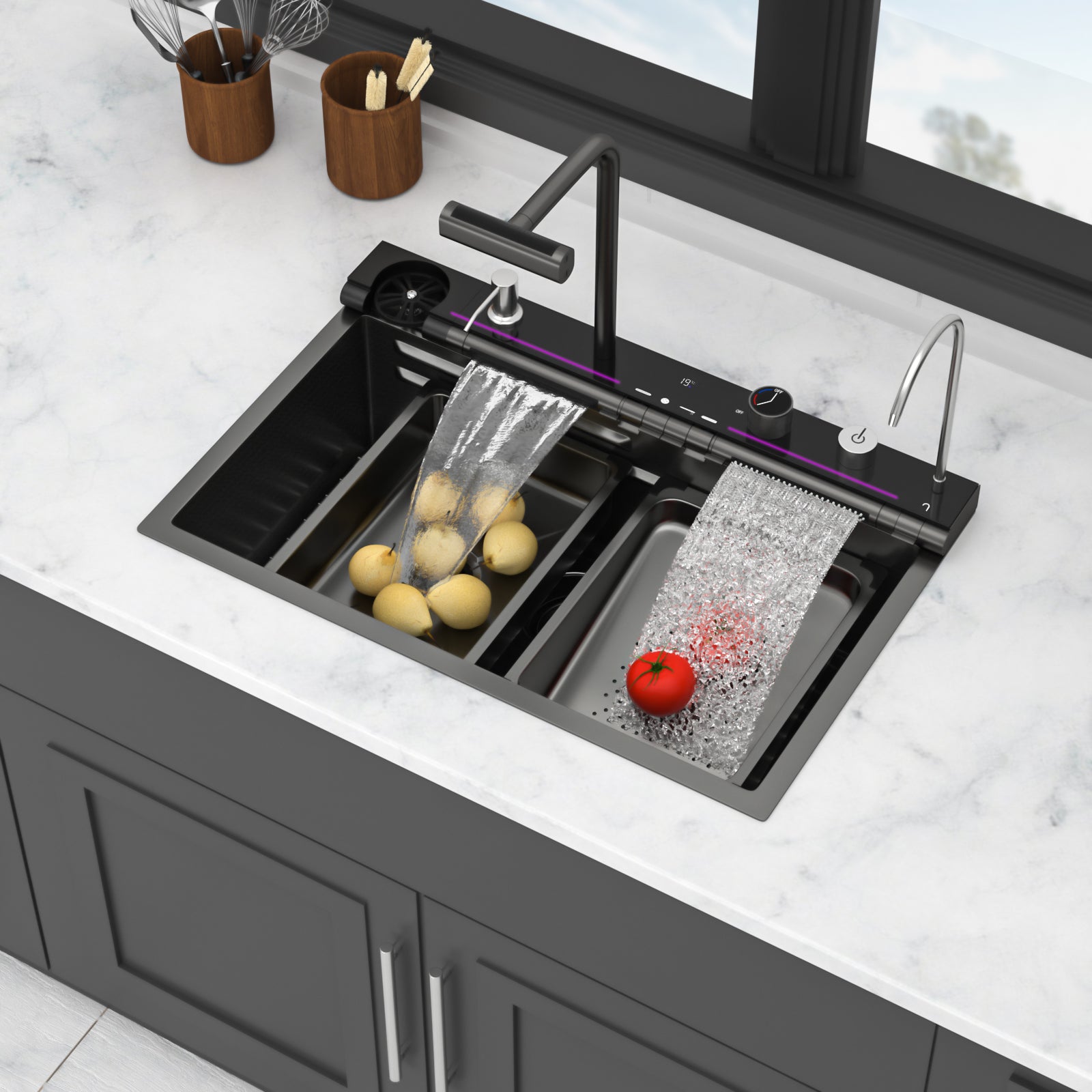 30" Waterfall Kitchen Sink - 30 x 19 x 9" Single Bowl 16G Stainless Steel Ledge Workstation with Smart Pull-Out Faucet