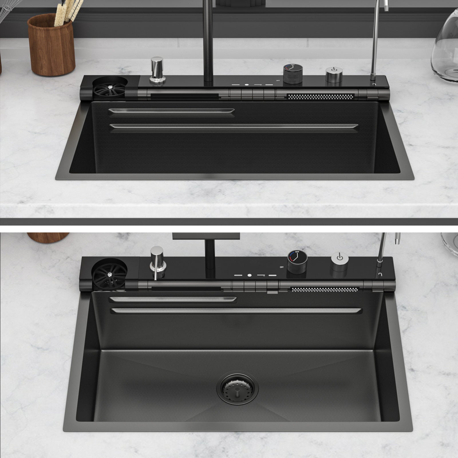 30" Waterfall Kitchen Sink - 30 x 19 x 9" Single Bowl 16G Stainless Steel Ledge Workstation with Smart Pull-Out Faucet