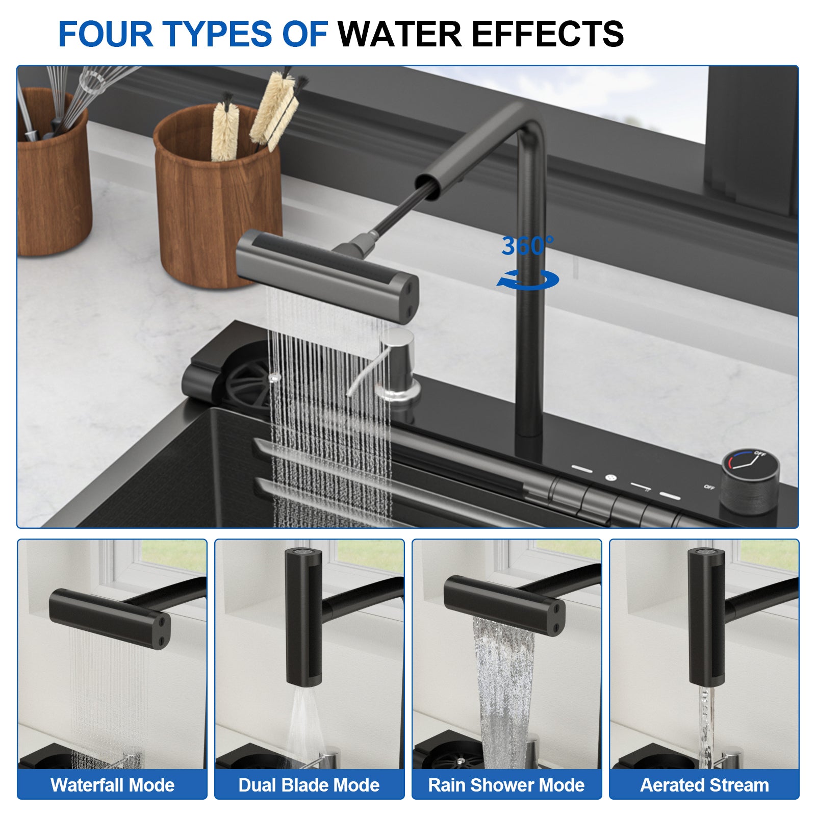 30" Waterfall Kitchen Sink - 30 x 19 x 9" Single Bowl 16G Stainless Steel Ledge Workstation with Smart Pull-Out Faucet