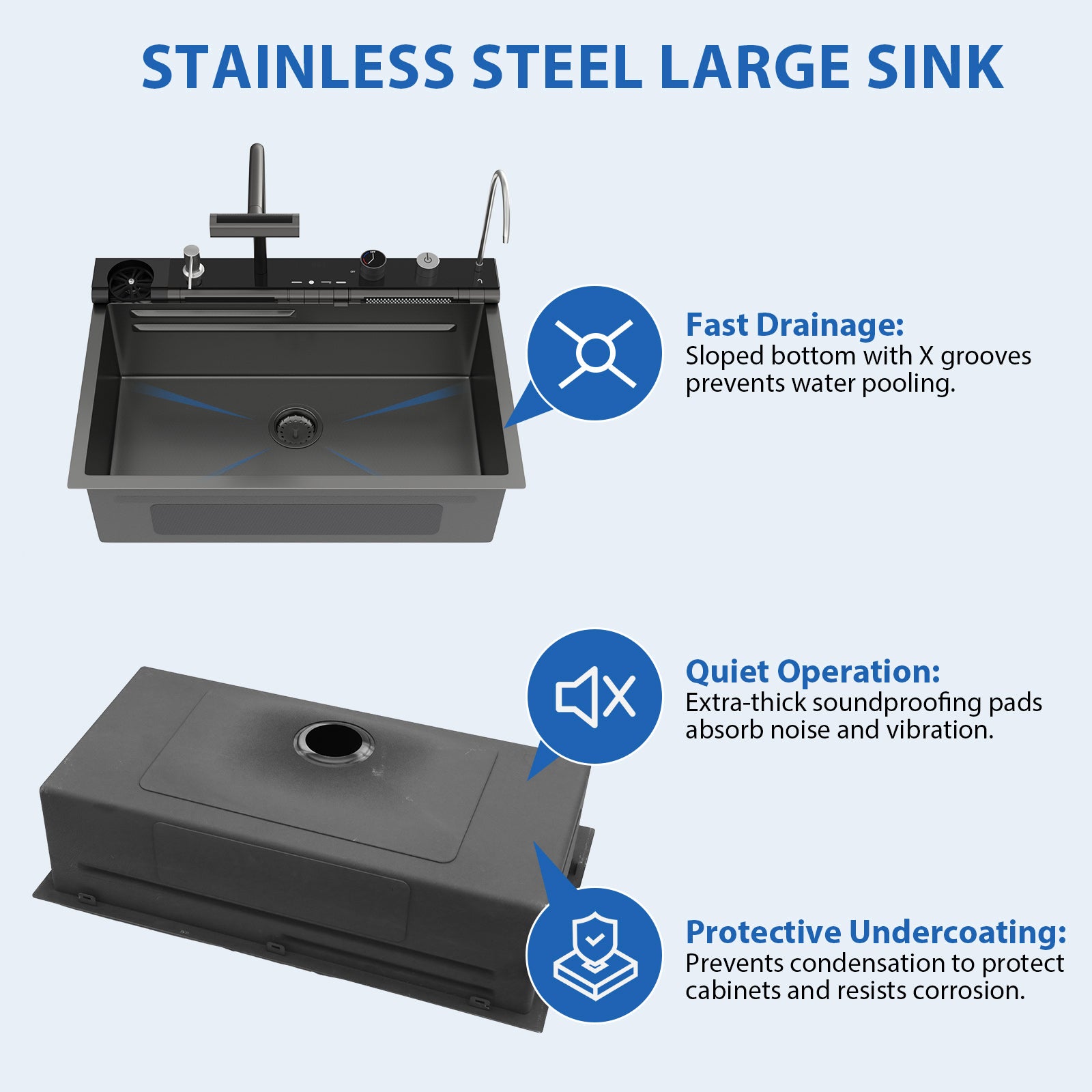 30" Waterfall Kitchen Sink - 30 x 19 x 9" Single Bowl 16G Stainless Steel Ledge Workstation with Smart Pull-Out Faucet