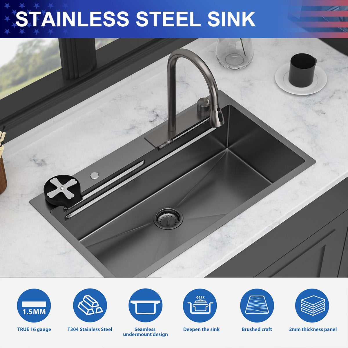 RAINLEX Undermount Single Bowl Workstation Sink in Stainless Steel