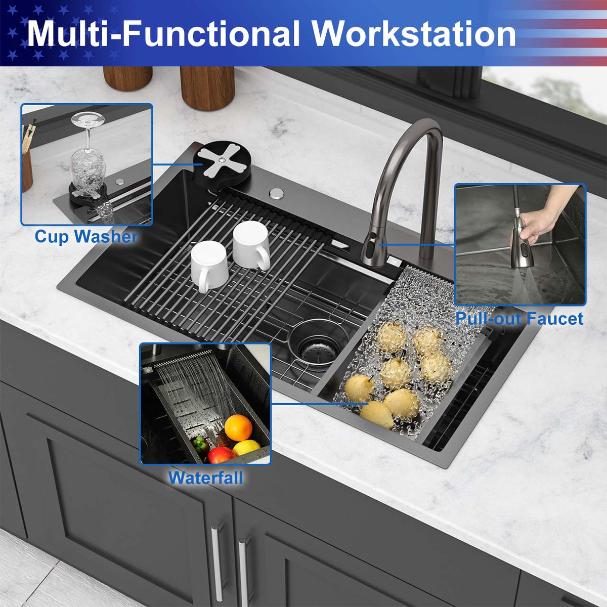 RAINLEX Undermount Single Bowl Workstation Sink in Stainless Steel