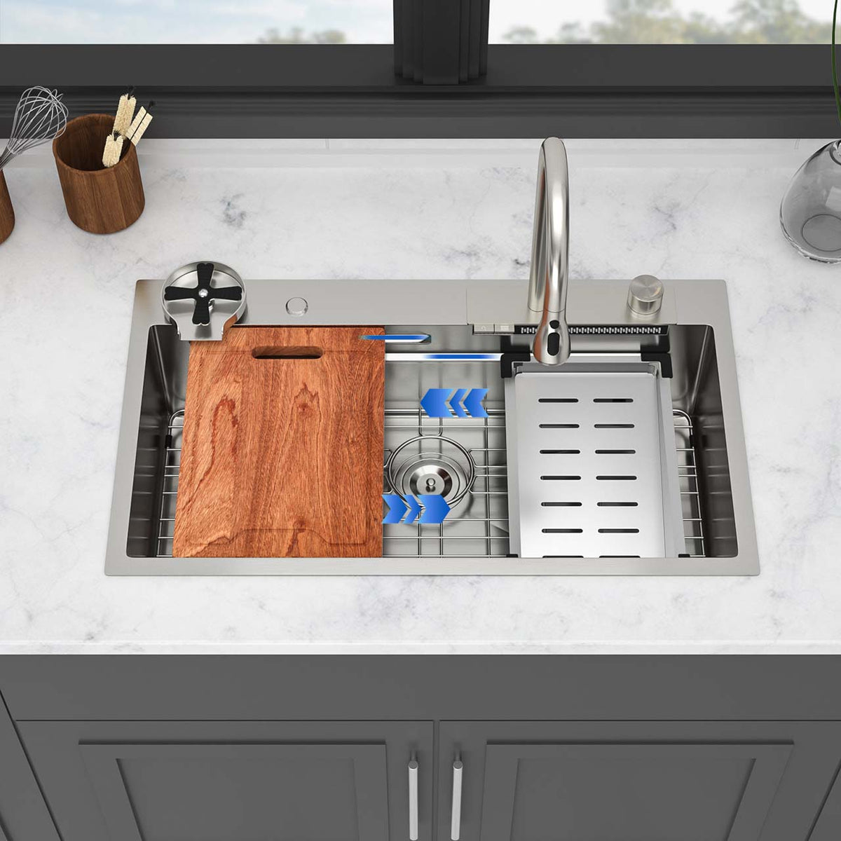 RAINLEX Undermount Single Bowl Workstation Sink in Stainless Steel