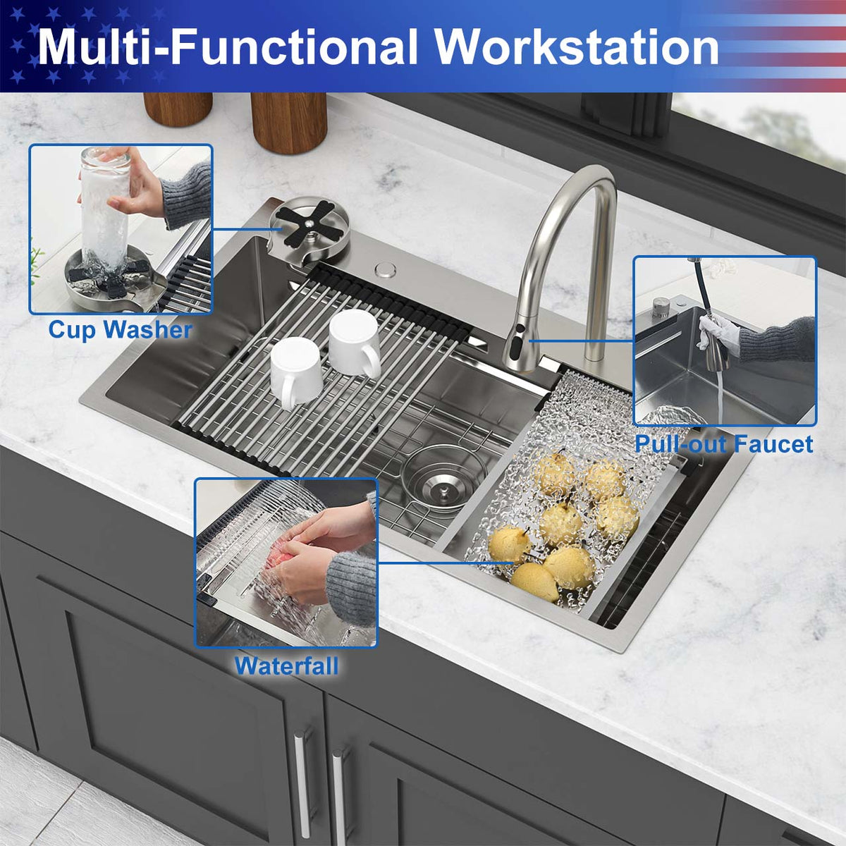 RAINLEX Undermount Single Bowl Workstation Sink in Stainless Steel