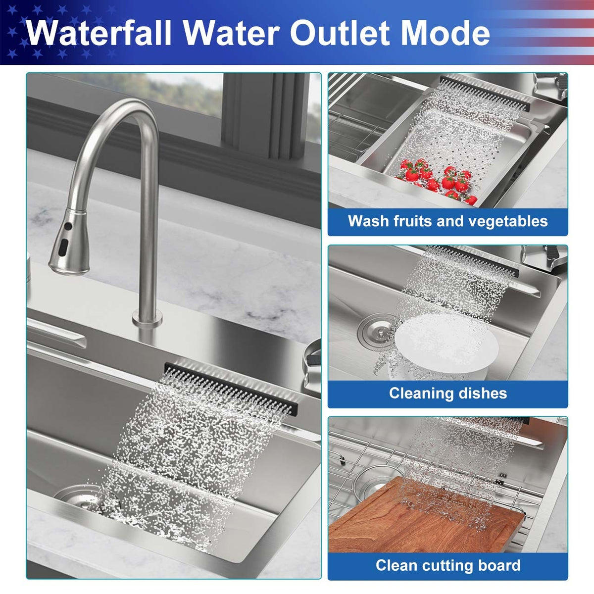 RAINLEX 31.5 in. Drop-In Waterfall Workstation Sink with Pull-Down Faucet