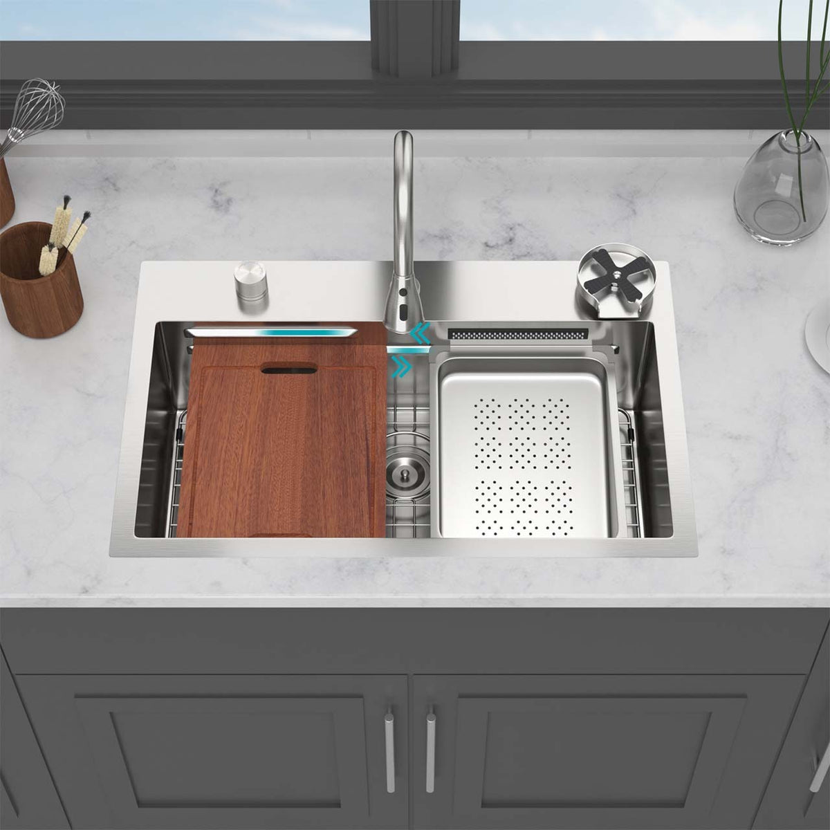 RAINLEX 31.5 in. Drop-In Waterfall Workstation Sink with Pull-Down Faucet