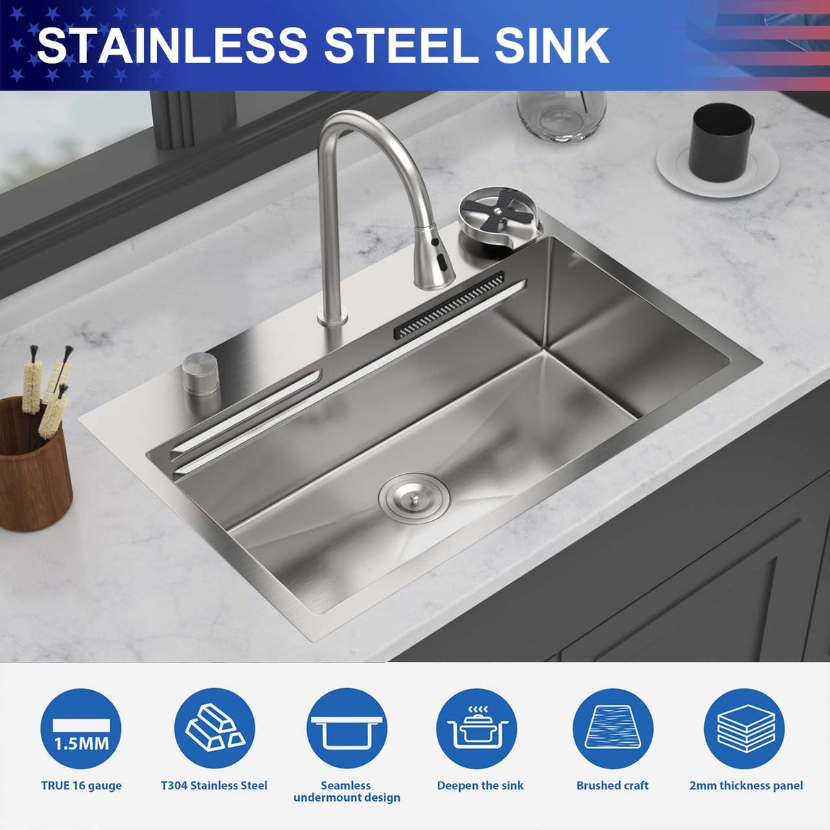 RAINLEX 31.5 in. Drop-In Waterfall Workstation Sink with Pull-Down Faucet