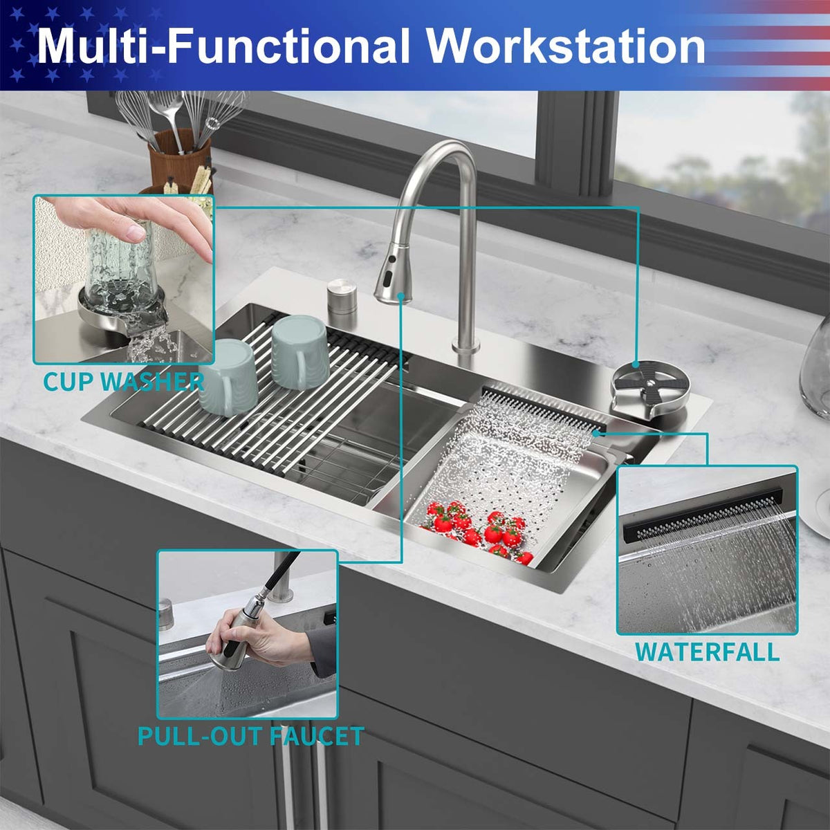 RAINLEX 31.5 in. Drop-In Waterfall Workstation Sink with Pull-Down Faucet