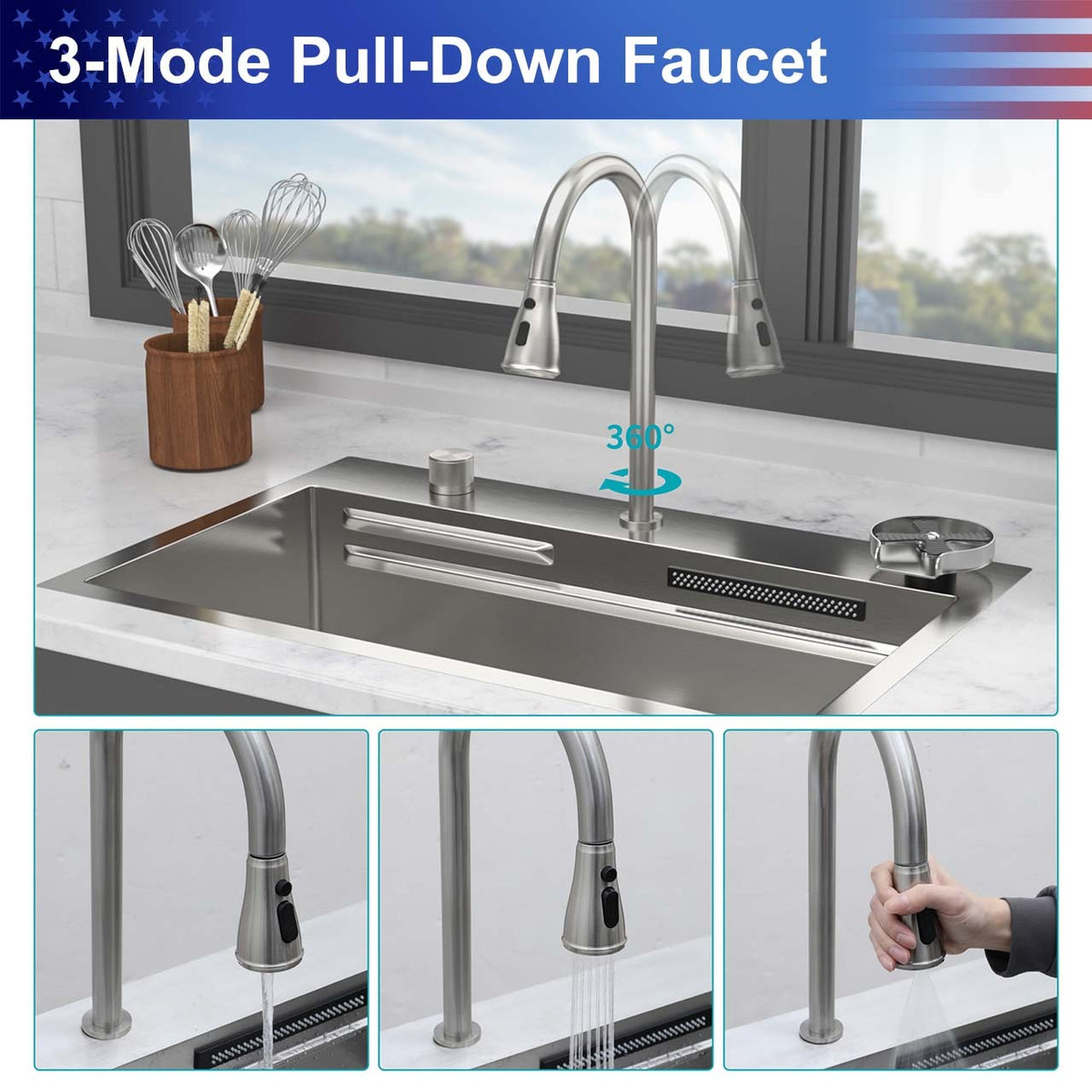 RAINLEX 31.5 in. Drop-In Waterfall Workstation Sink with Pull-Down Faucet
