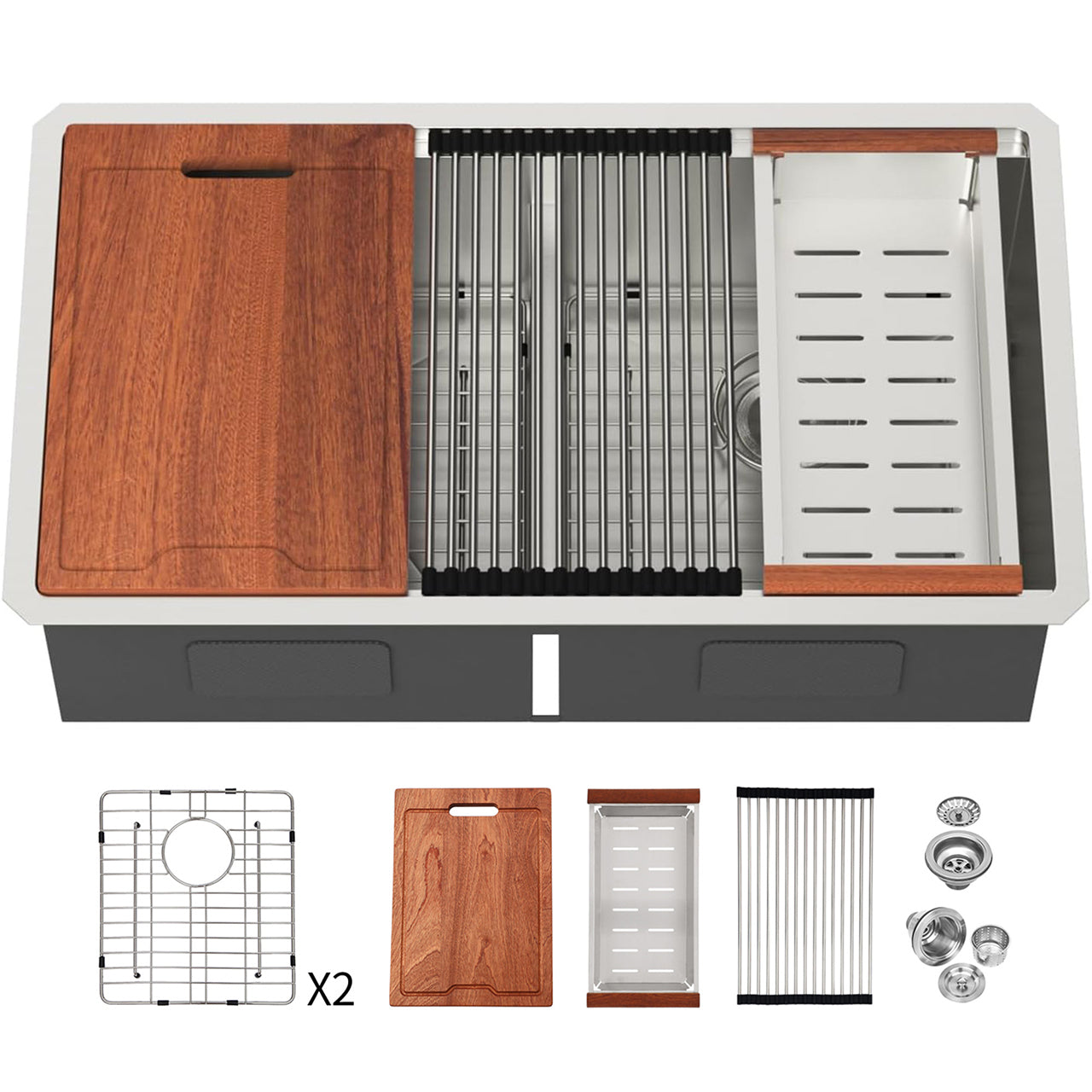 33" Undermount Double Bowl Workstation Sink, 16 Gauge Stainless Steel, 50/50
