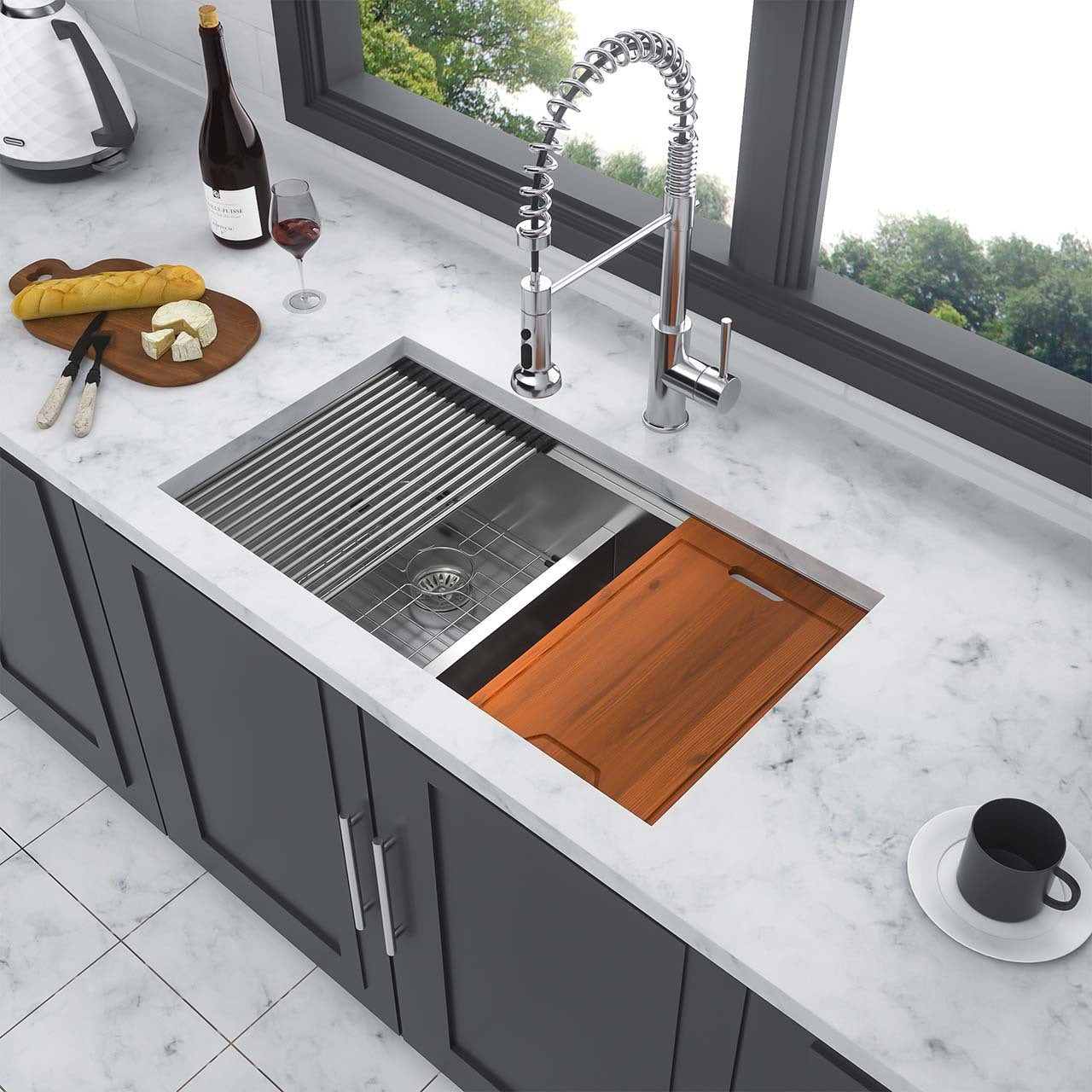 33" Undermount Double Bowl Workstation Sink, 16 Gauge Stainless Steel, 50/50