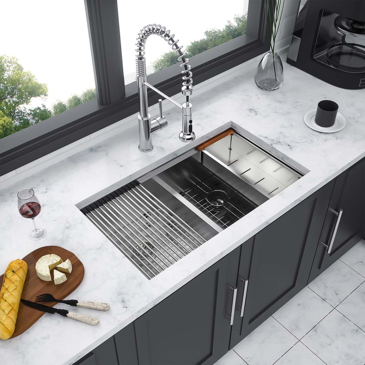 RAINLEX 33 in. Undermount Double Bowl Workstation Sink, 50/50