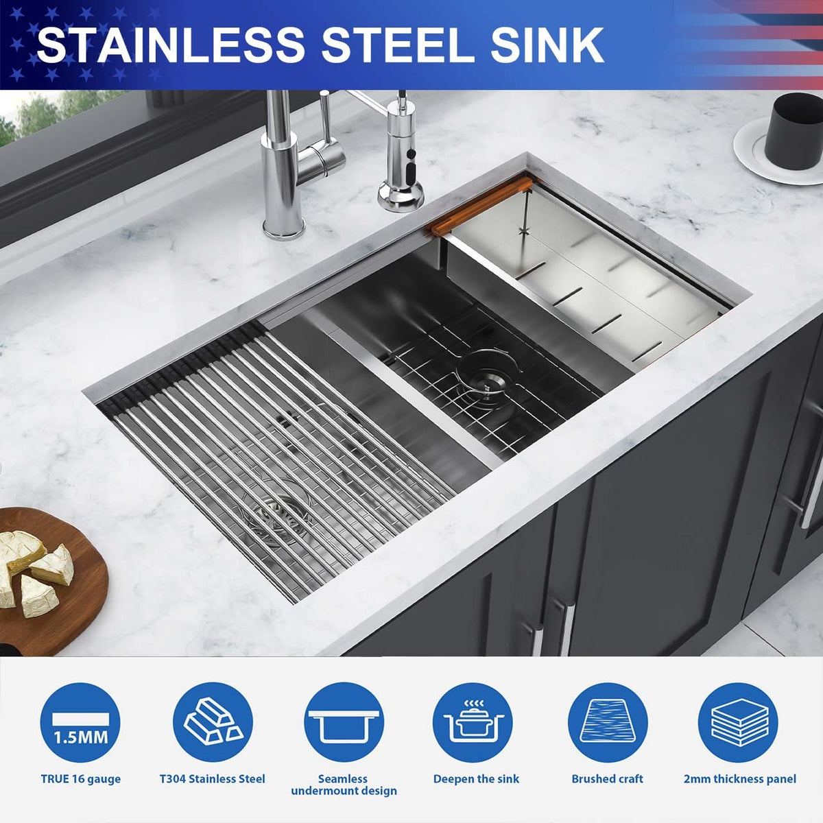 RAINLEX 33 in. Undermount Double Bowl Workstation Sink, 50/50