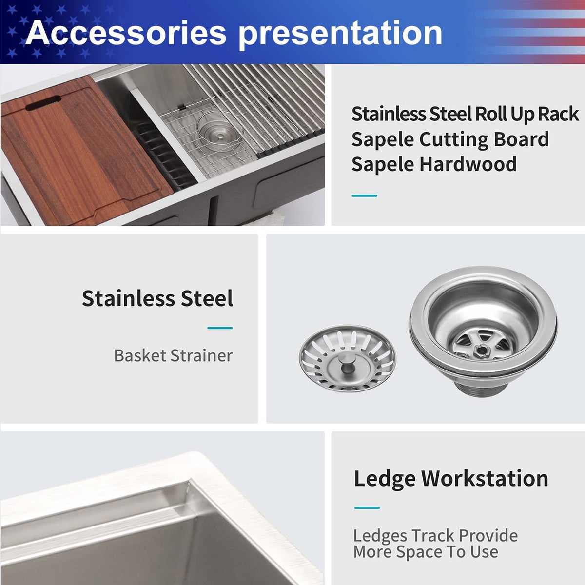RAINLEX 33 in. Undermount Double Bowl Workstation Sink, 50/50