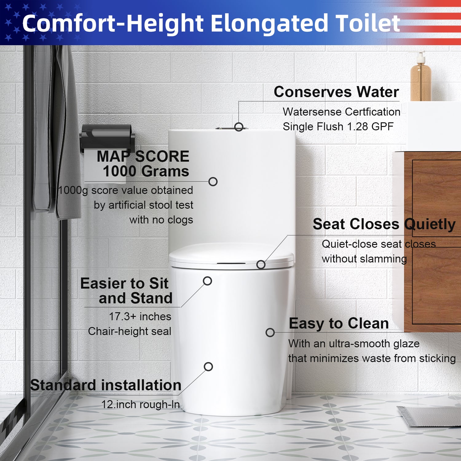 1.28/0.8 GPF Tornado Flush One-Piece Toilet, Elongated Siphonic S-Trap 12" Toilet with Soft Close Seat, Dual Flush, MAP 1000g, ADA Chair Height 17"