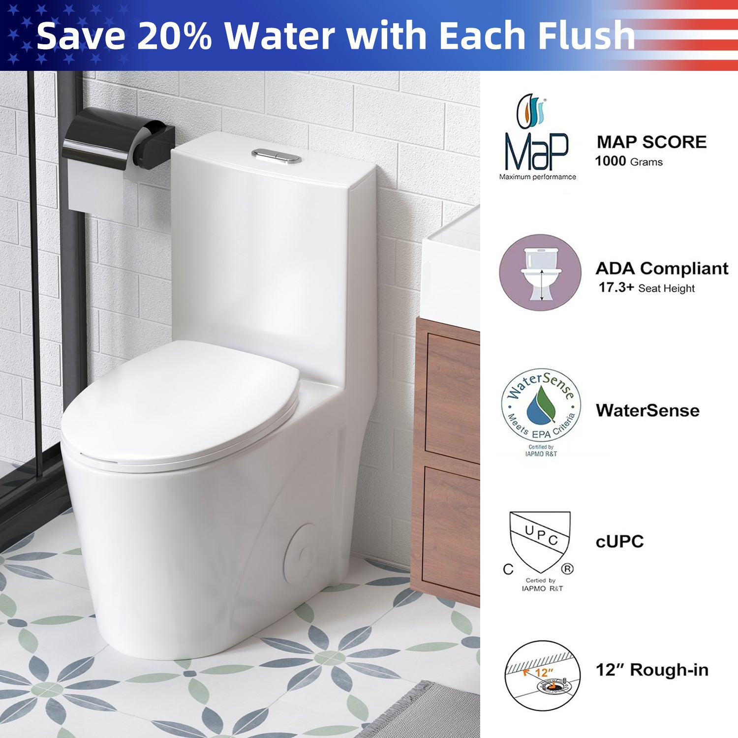 1.28/0.8 GPF Tornado Flush One-Piece Toilet, Elongated Siphonic S-Trap 12" Toilet with Soft Close Seat, Dual Flush, MAP 1000g, ADA Chair Height 17"
