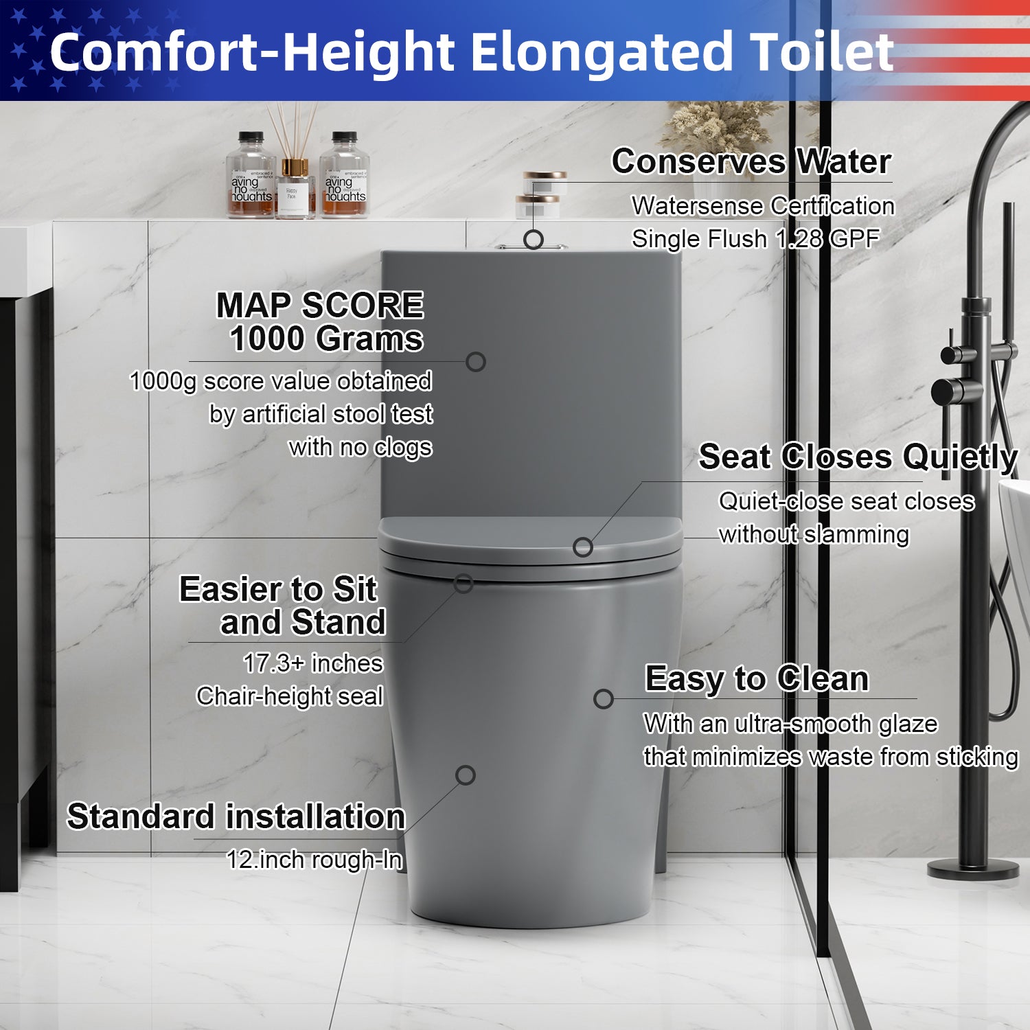 1.28/0.8 GPF Tornado Flush One-Piece Toilet, Elongated Siphonic S-Trap 12" Toilet with Soft Close Seat, Dual Flush, MAP 1000g, ADA Chair Height 17"