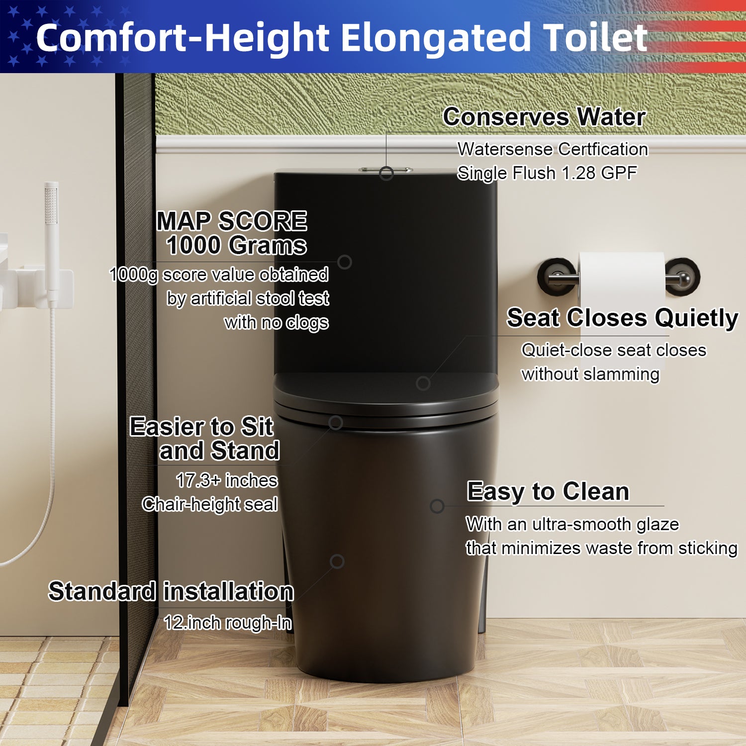 1.28/0.8 GPF Tornado Flush One-Piece Toilet, Elongated Siphonic S-Trap 12" Toilet with Soft Close Seat, Dual Flush, MAP 1000g, ADA Chair Height 17"