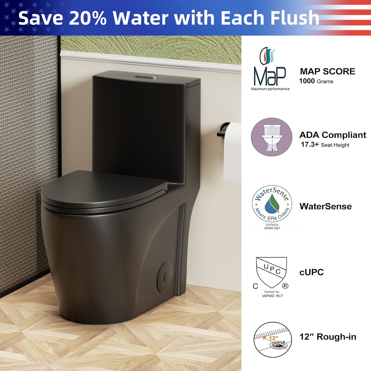 1.28/0.8 GPF Tornado Flush One-Piece Toilet, Elongated Siphonic S-Trap 12" Toilet with Soft Close Seat, Dual Flush, MAP 1000g, ADA Chair Height 17"