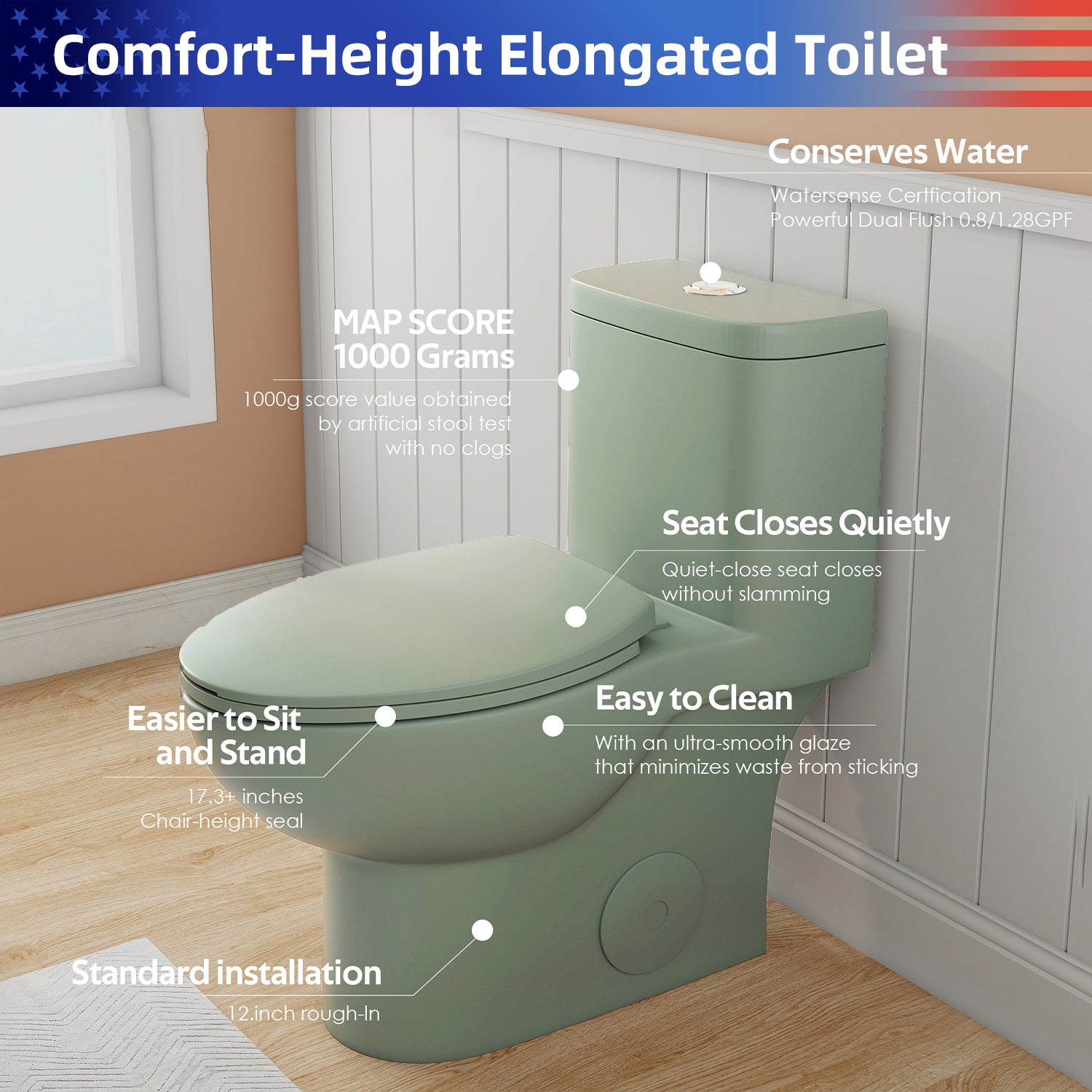 1.28/0.8 GPF Tornado Flush One-Piece Toilet, Rimless Siphonic Dual Flush Toilet with Soft Close Seat, Semi-Elongated Bowl, 12" S-Trap, MAP 1000g, ADA Comfort Height 17"