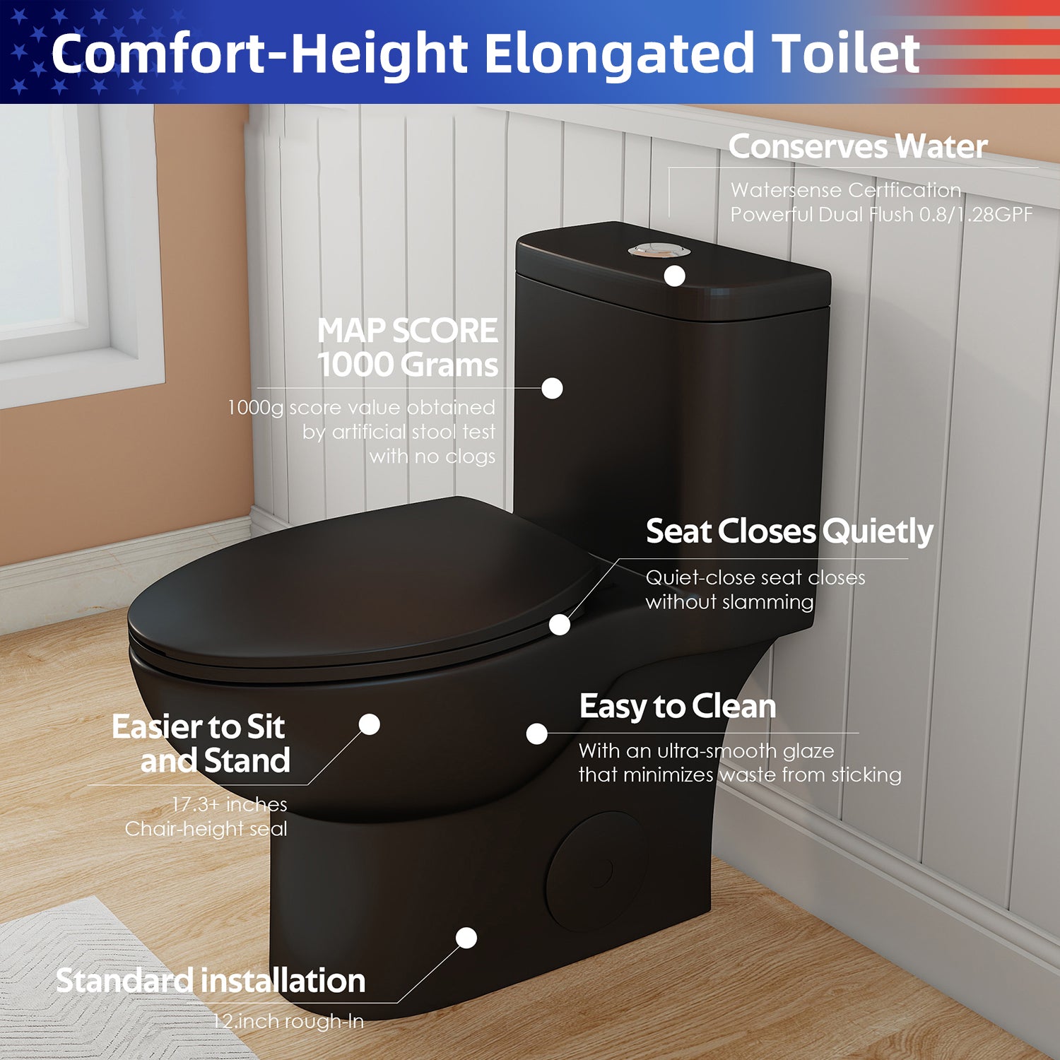 1.28/0.8 GPF Tornado Flush One-Piece Toilet, Rimless Siphonic Dual Flush Toilet with Soft Close Seat, Semi-Elongated Bowl, 12" S-Trap, MAP 1000g, ADA Comfort Height 17"