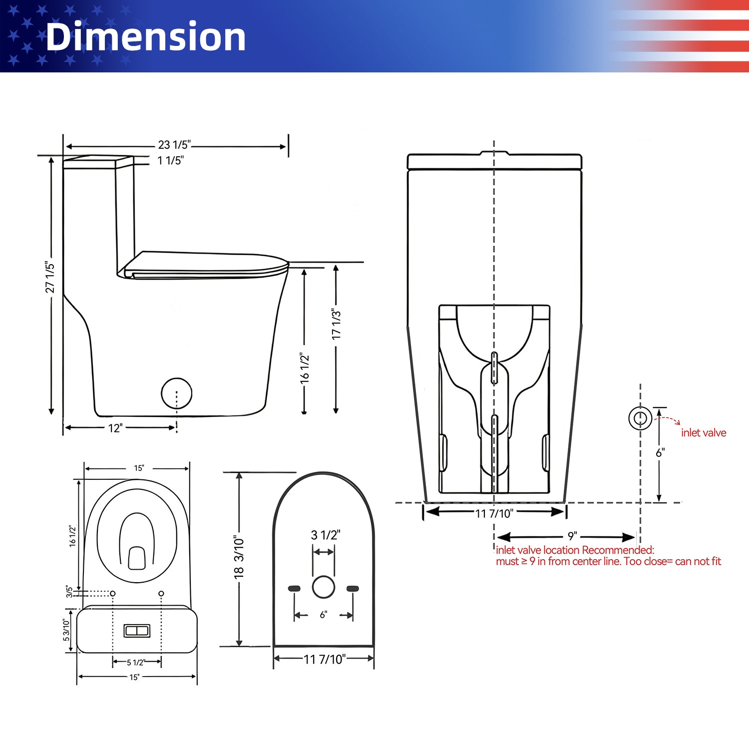 Gloss White 1.28/0.8 GPF Tornado Flush One-Piece Toilet, Rimless Siphonic Dual Flush Toilet with Soft Close Seat, Semi-Elongated Bowl, 12" S-Trap, MAP 1000g, ADA Comfort Height 17"